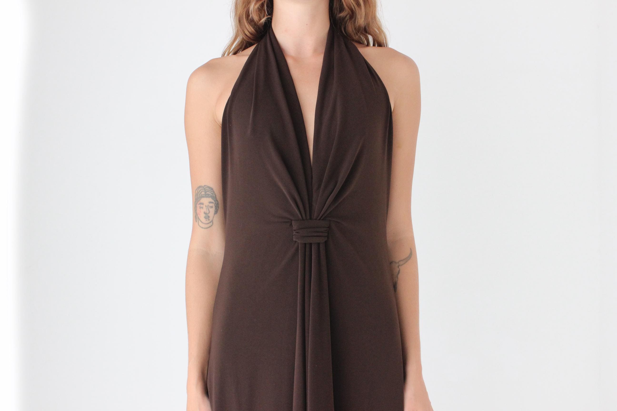 Y2K Slinky Chocolate Jersey Plunge Halter Gown