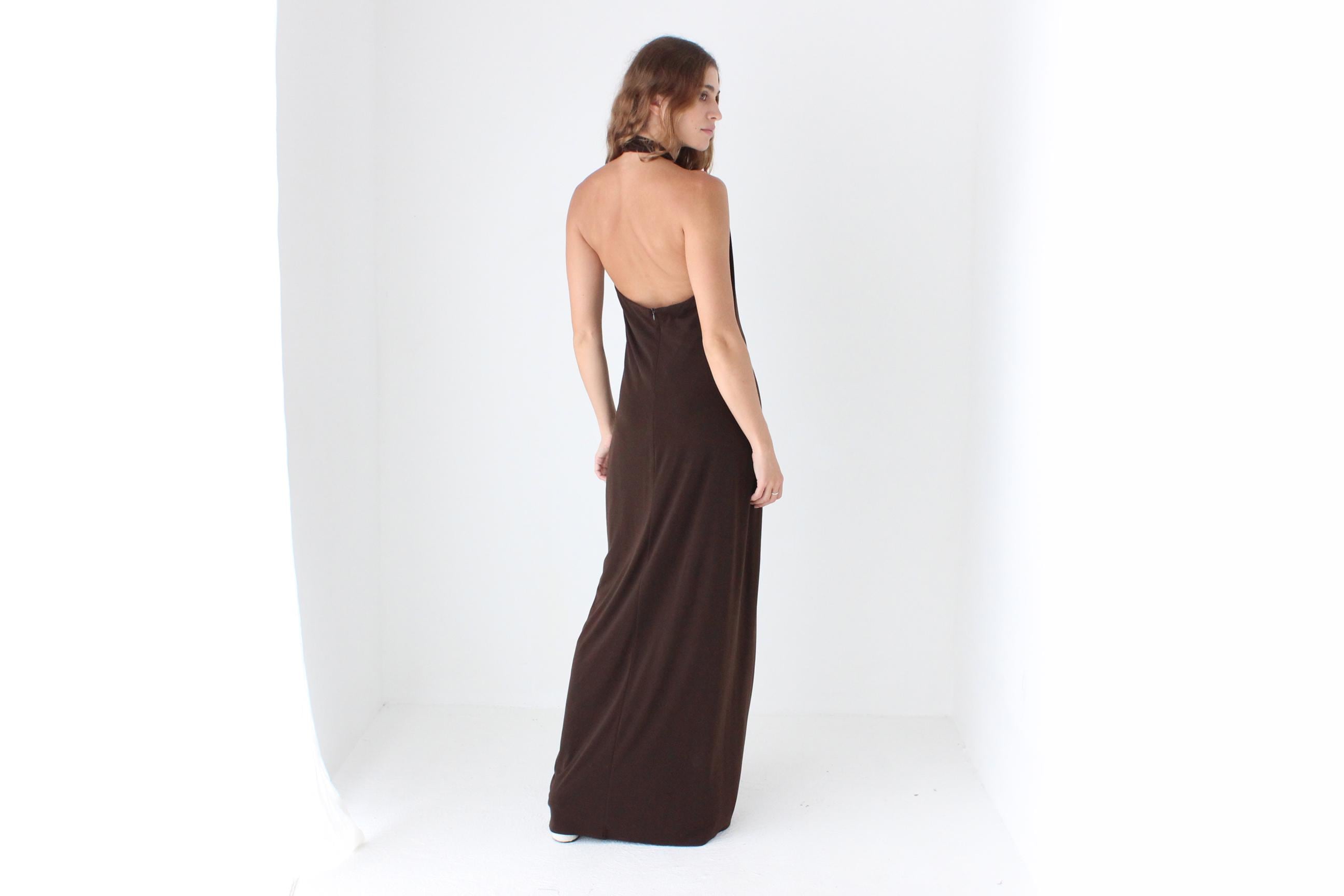 Y2K Slinky Chocolate Jersey Plunge Halter Gown