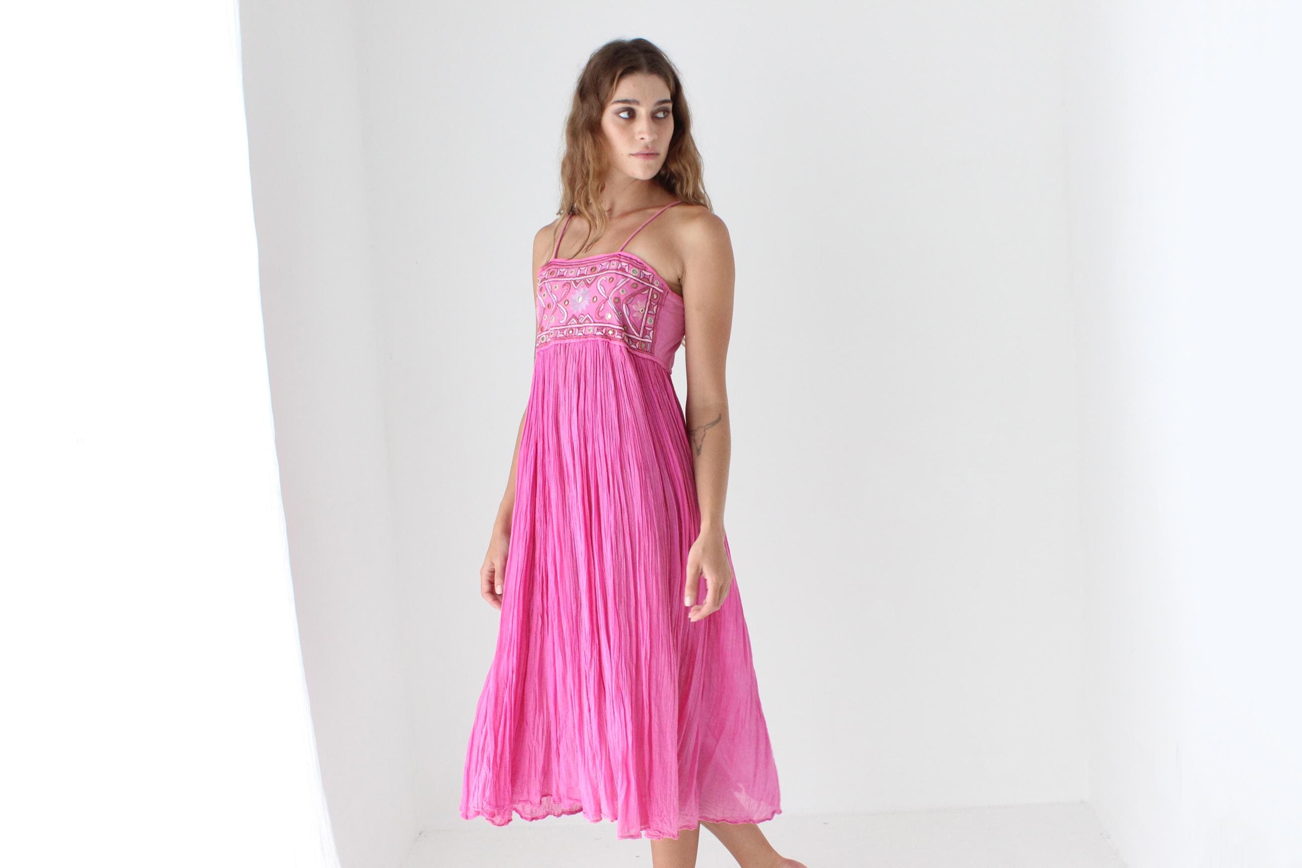 70s Cotton Gauze Goddess Dress w/ Mirror Embroidery
