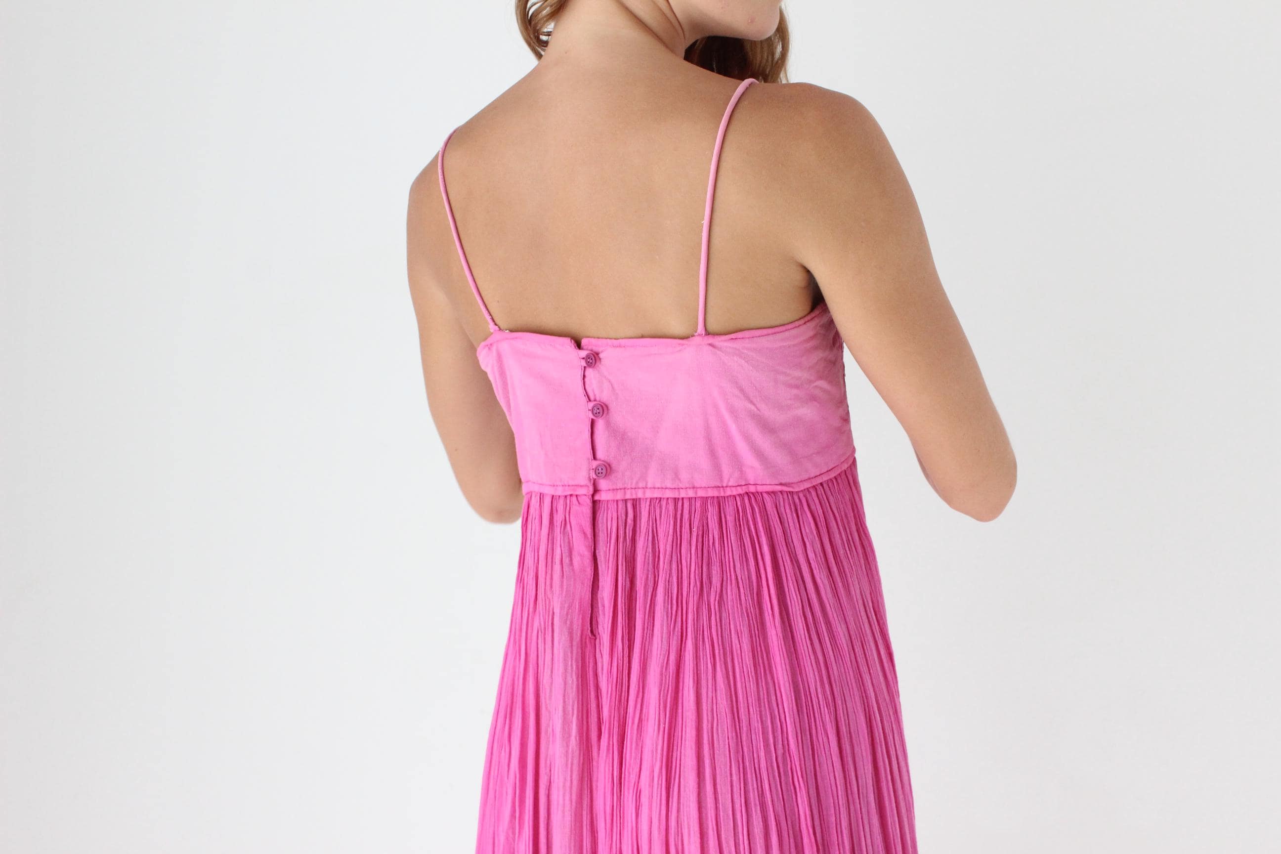 70s Cotton Gauze Goddess Dress w/ Mirror Embroidery