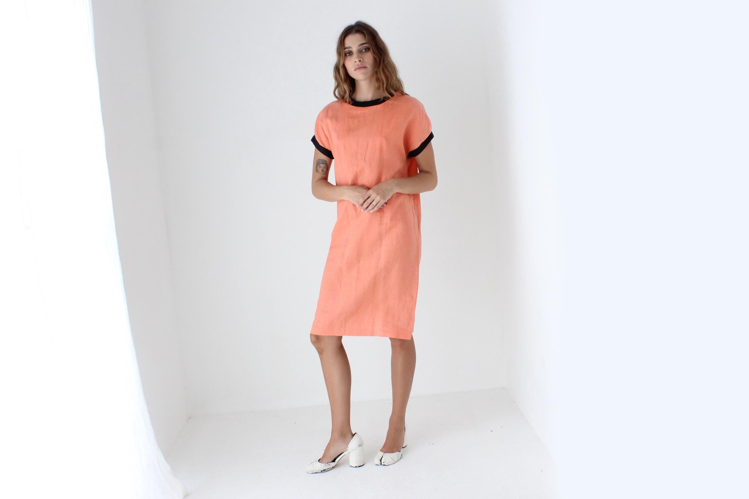 Funky 80s Neon Orange Linen Sheath Dress