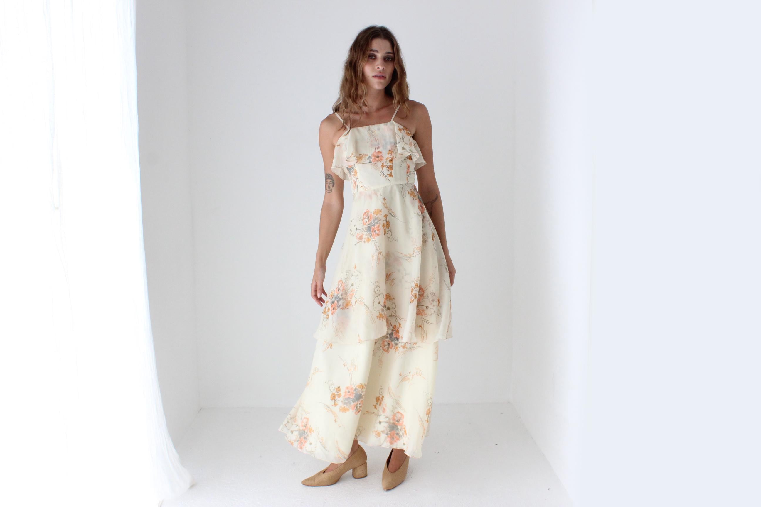 70s Layered Tiered Floaty Ruffle Maxi Dress