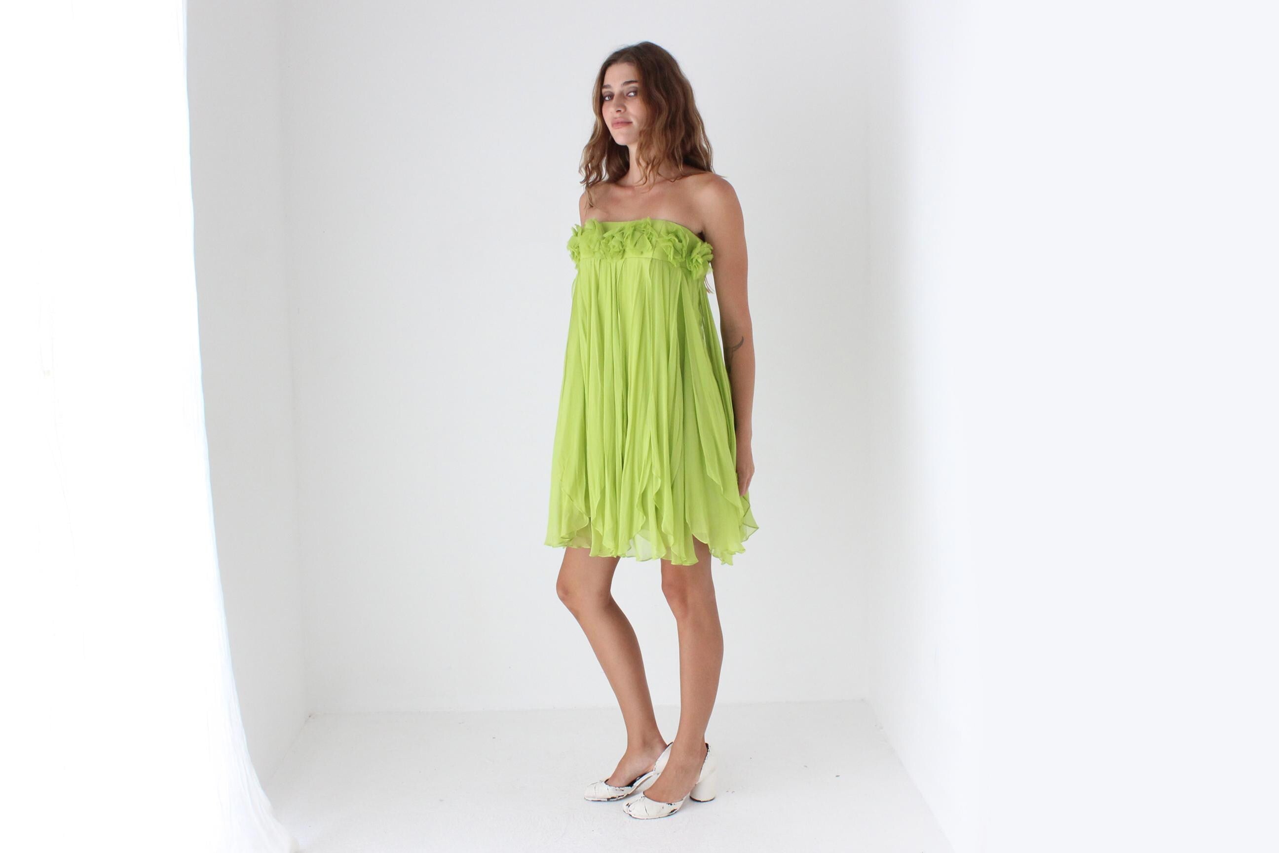 Y2K Strapless Silk Mini w/ Rosettes & Panel Skirt