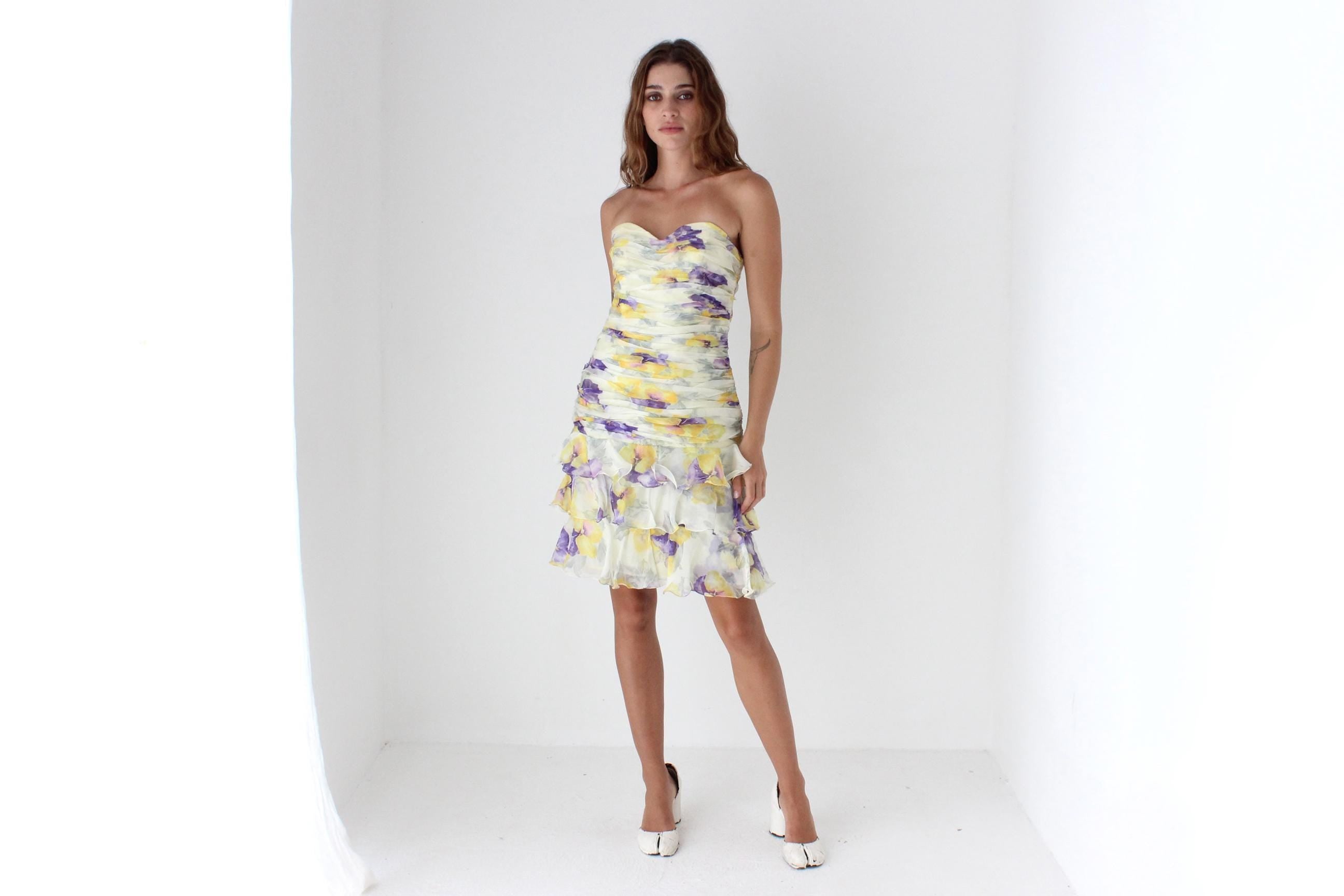 80s Pastel Floral Silk Organza Ruffle Mini