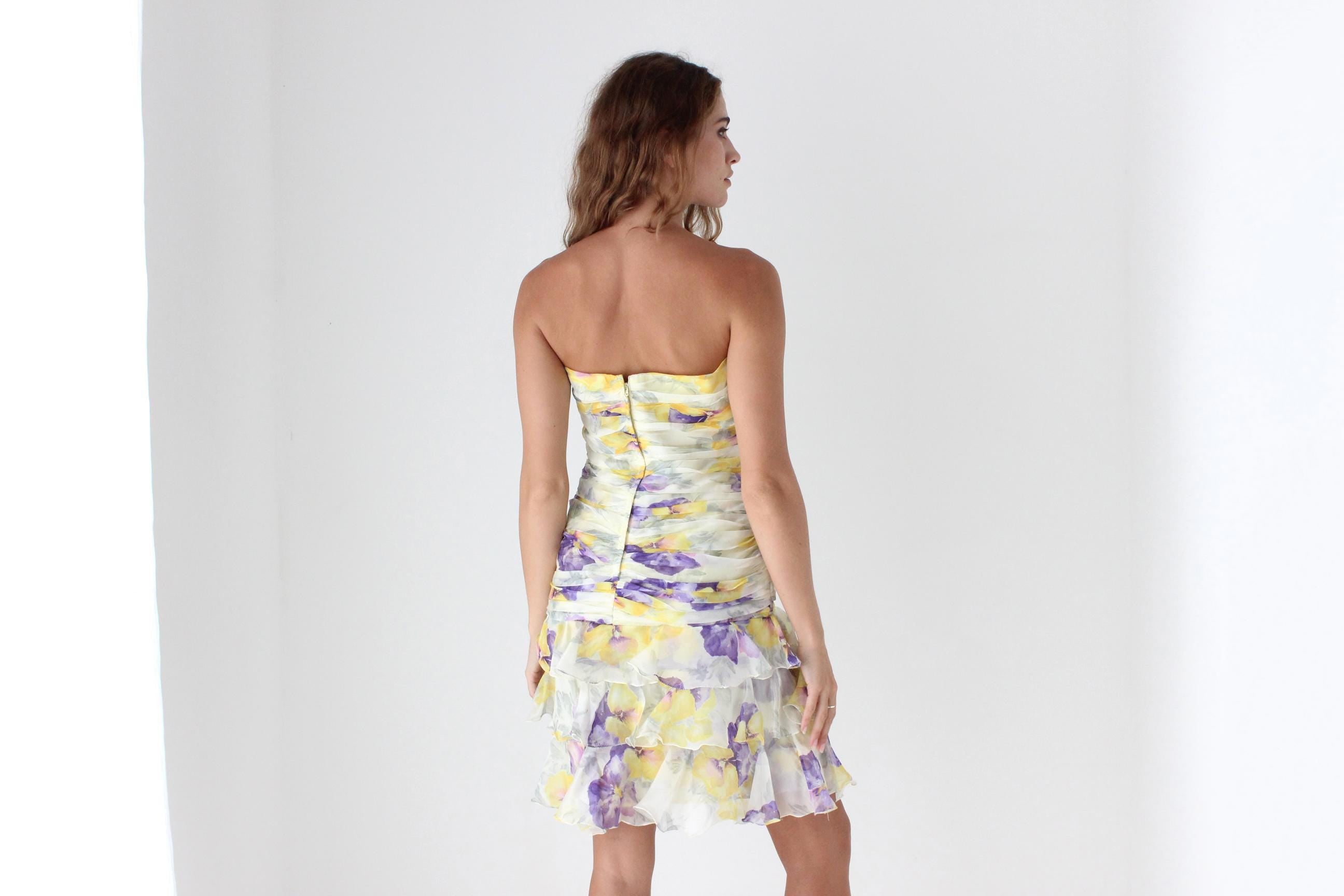 80s Pastel Floral Silk Organza Ruffle Mini