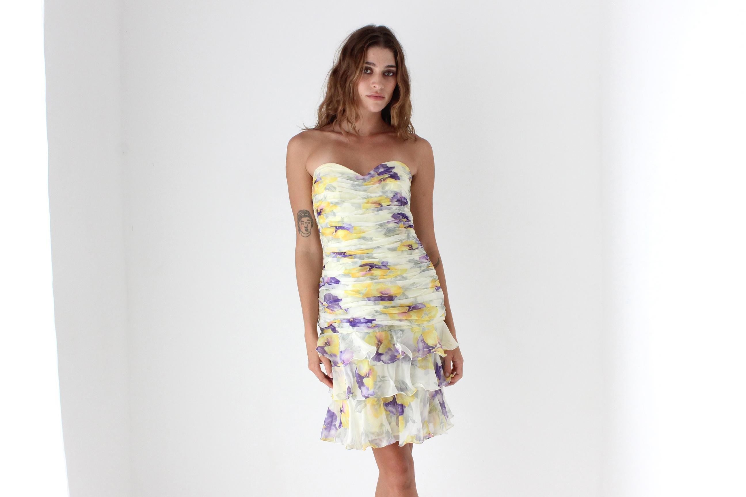 80s Pastel Floral Silk Organza Ruffle Mini