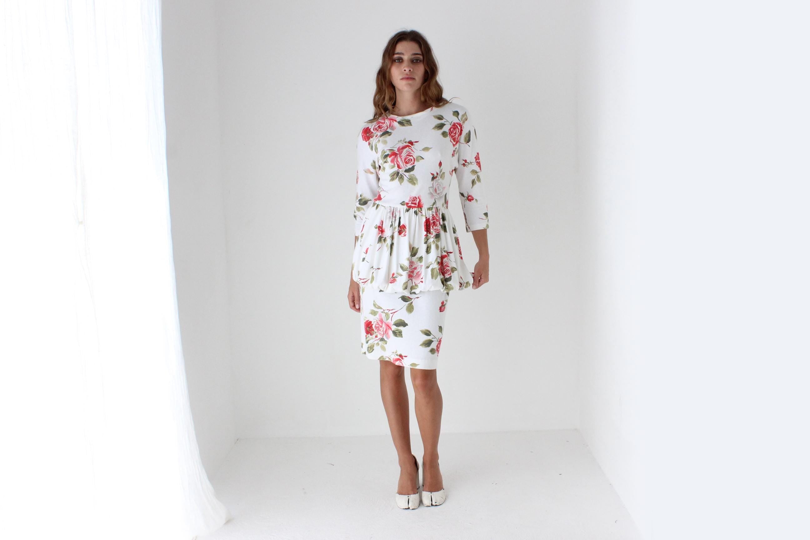 80s Rose Print Bubble Peplum Dress