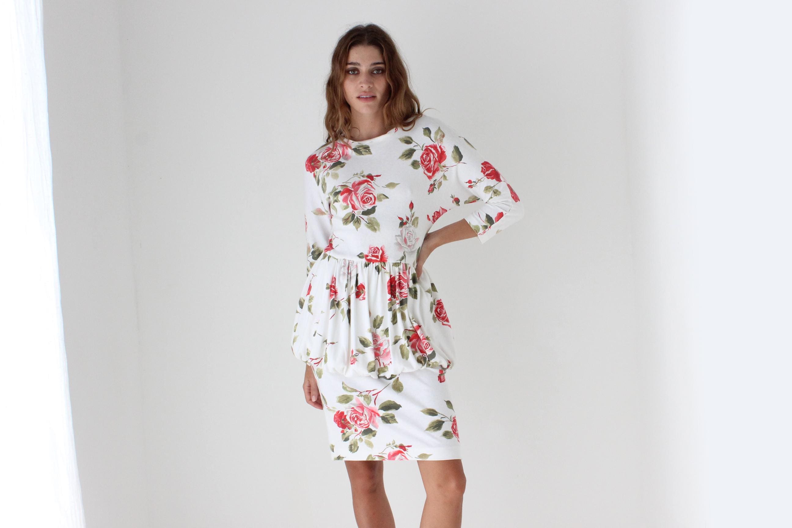 80s Rose Print Bubble Peplum Dress