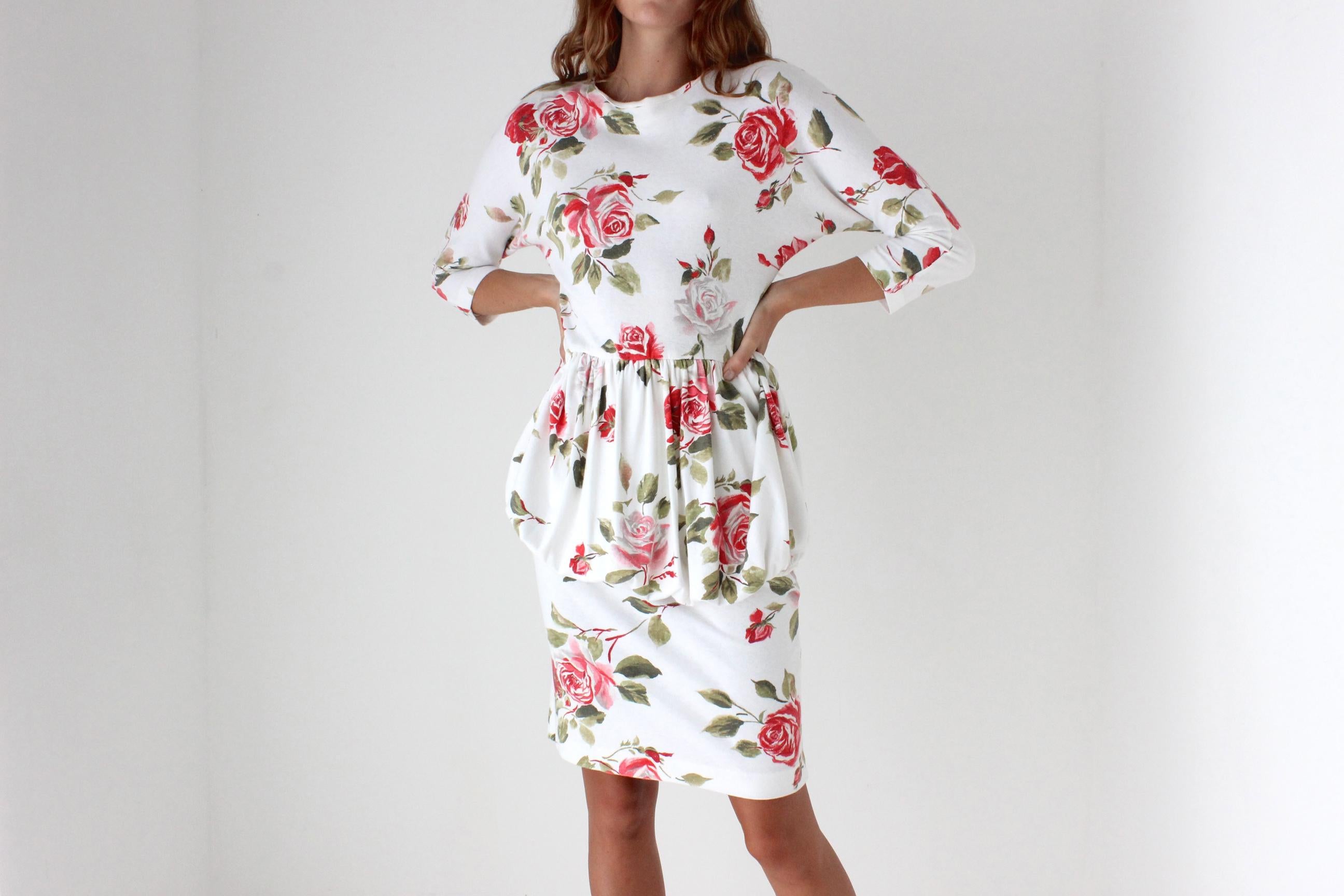 80s Rose Print Bubble Peplum Dress