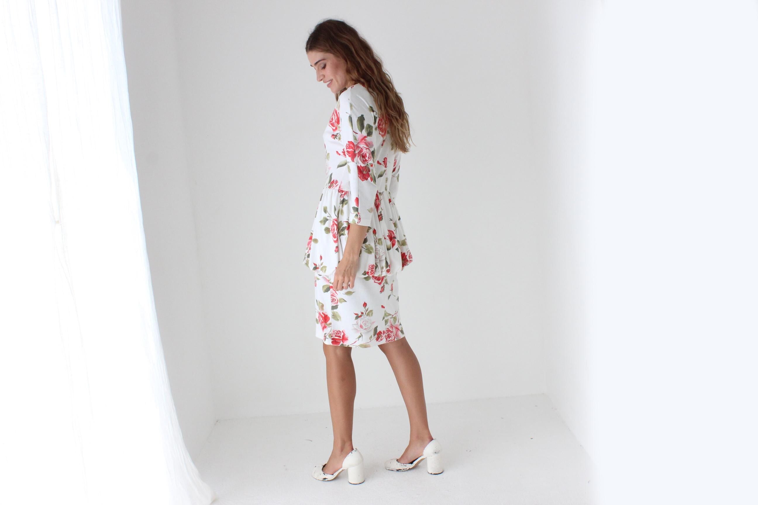 80s Rose Print Bubble Peplum Dress
