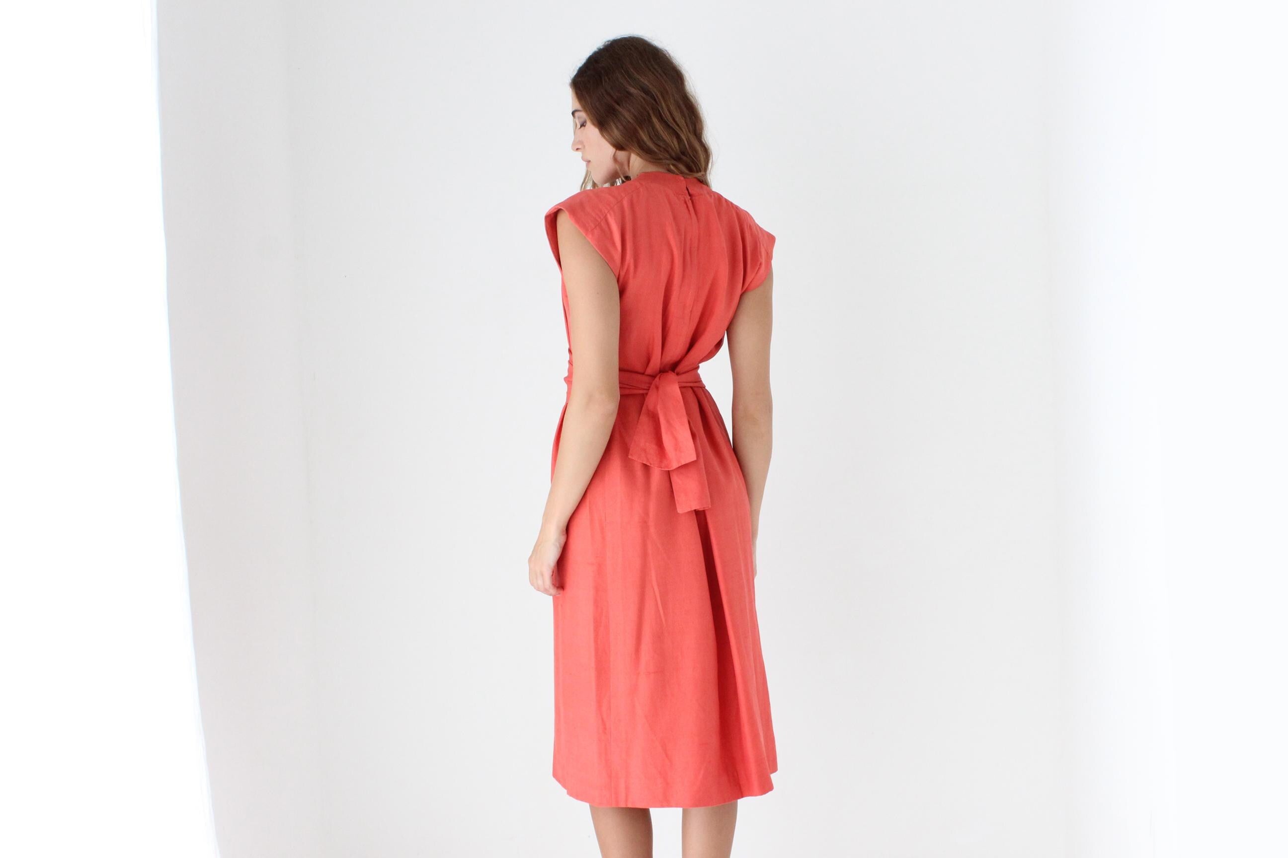 Handmade 80s Relaxed Coral V Neck Dress w/ Sash