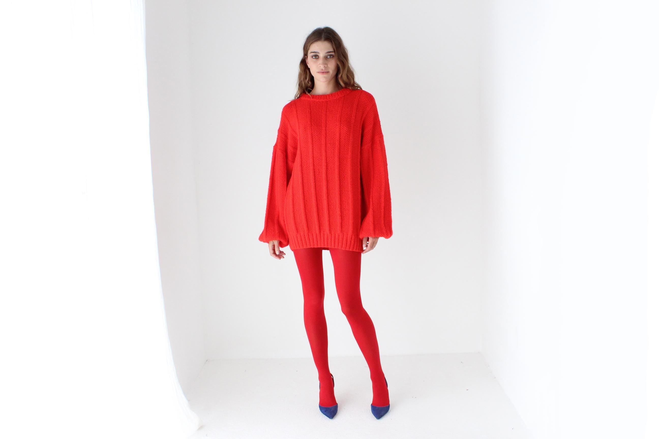 80s Vibrant Red Hand Knit Bubble Sleeve Sweater