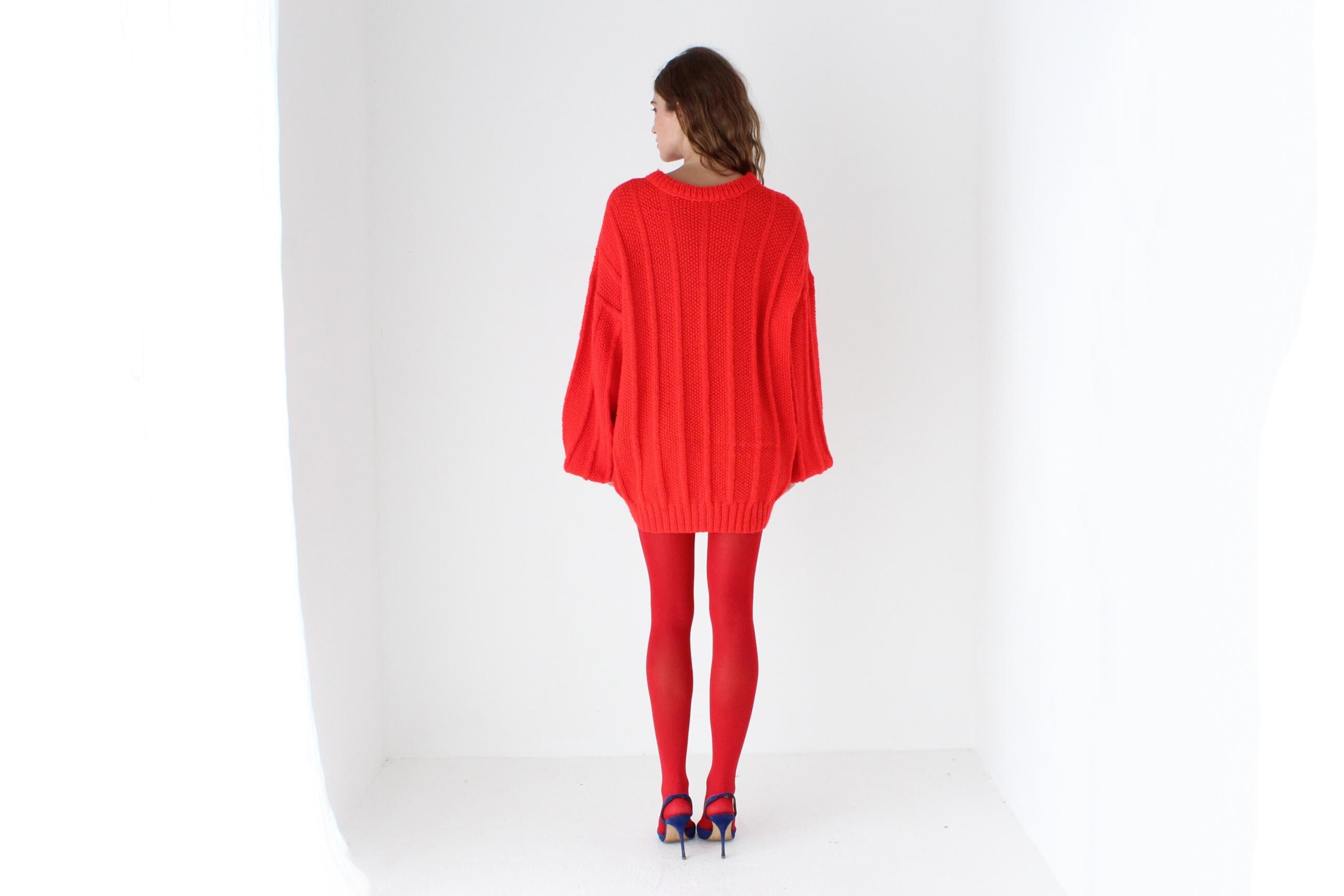 80s Vibrant Red Hand Knit Bubble Sleeve Sweater