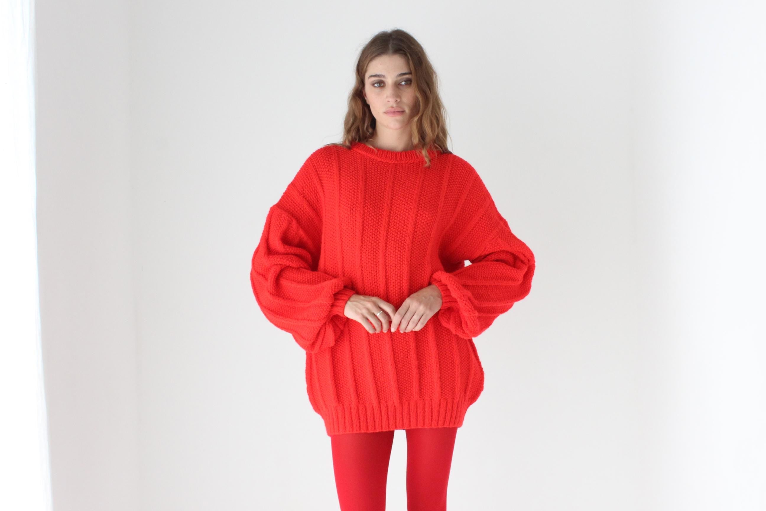 80s Vibrant Red Hand Knit Bubble Sleeve Sweater