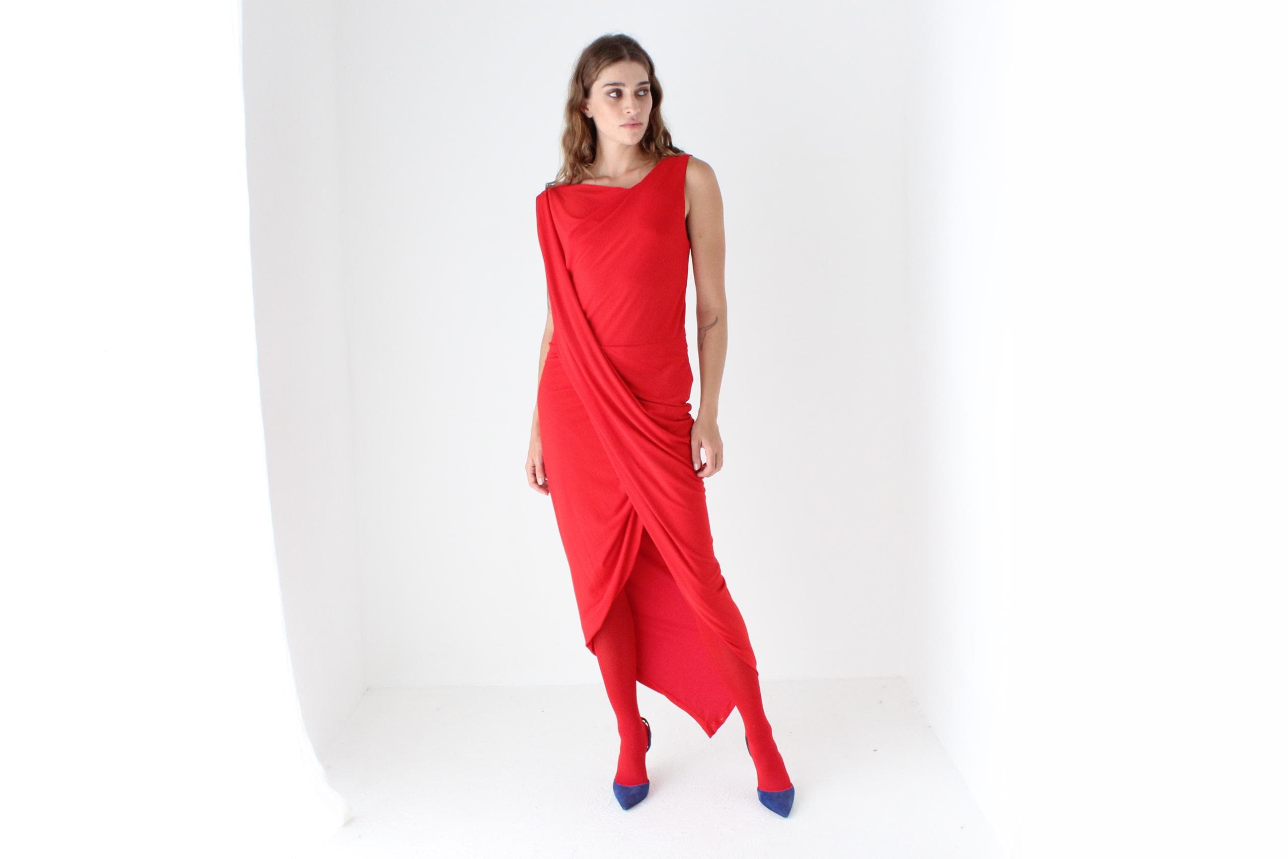 2000s Slinky Draped Jersey Bateau Neck Dress