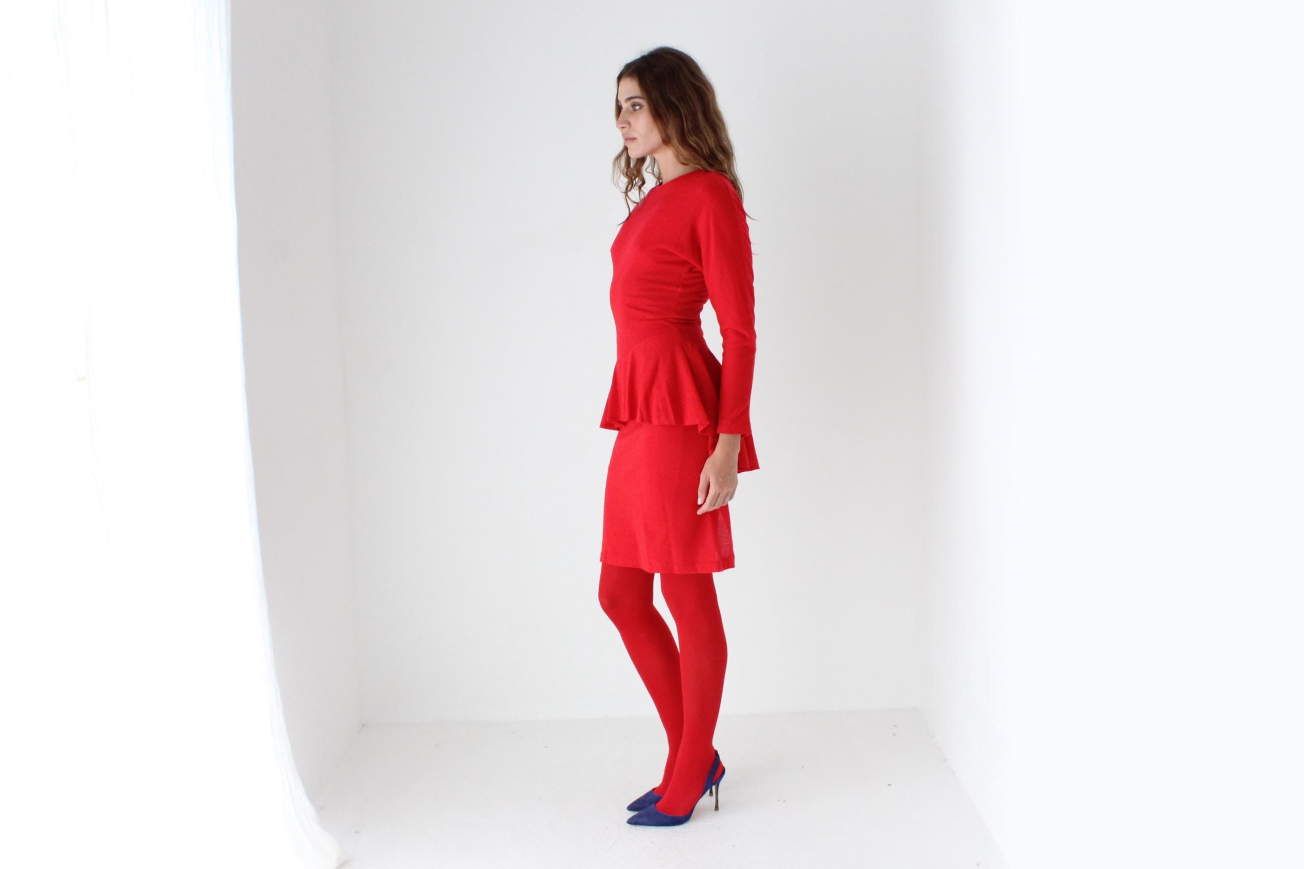 80s Vibrant Red Knit Peplum Dress