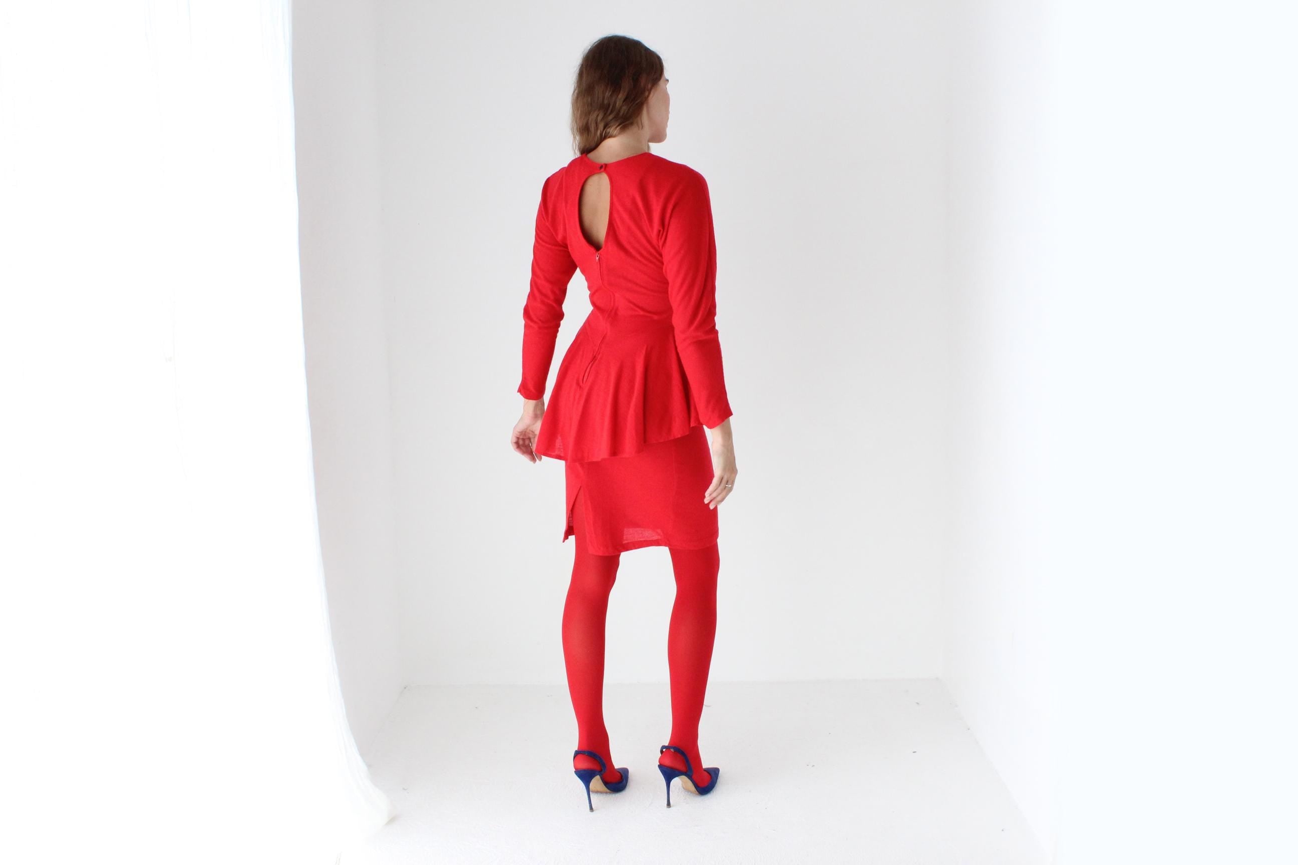 80s Vibrant Red Knit Peplum Dress