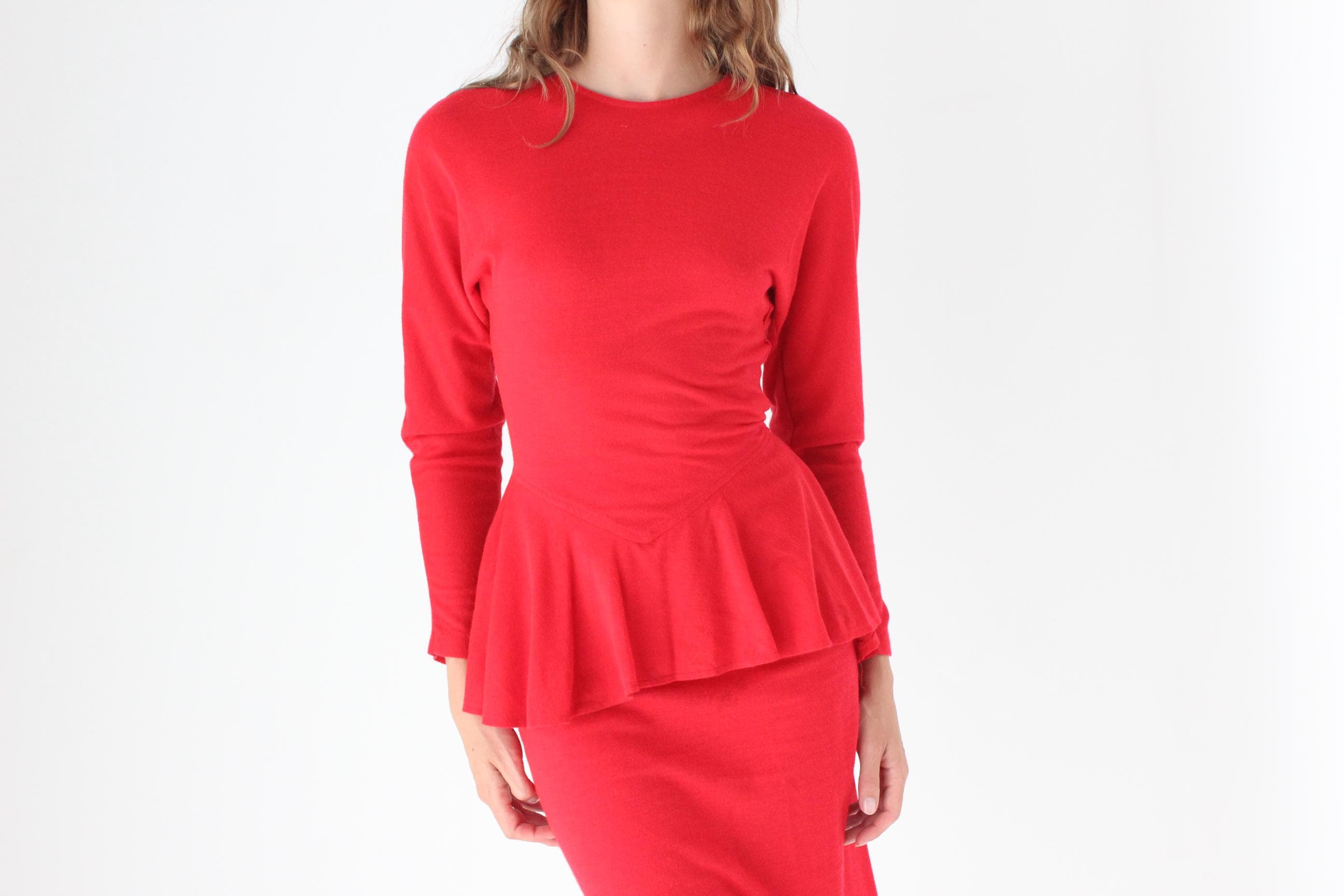 80s Vibrant Red Knit Peplum Dress