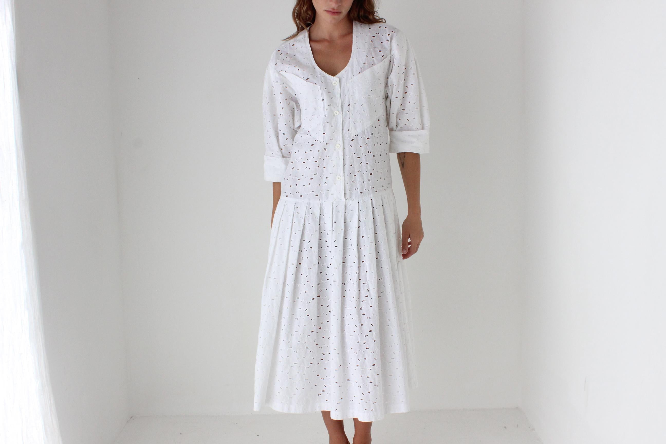 80s Broderie Anglaise Drop Waist Summer Smock Dress