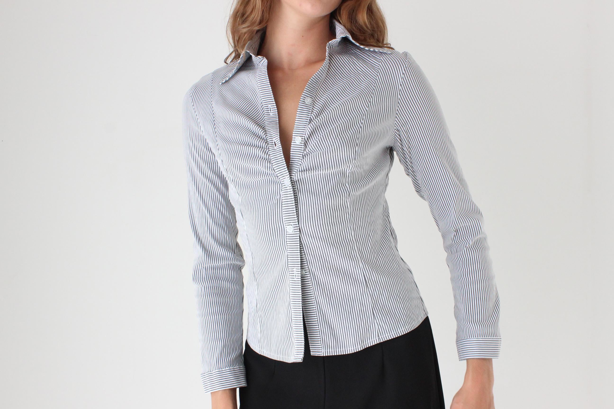 Y2K Grey & White Stripe Sexy Collared Top