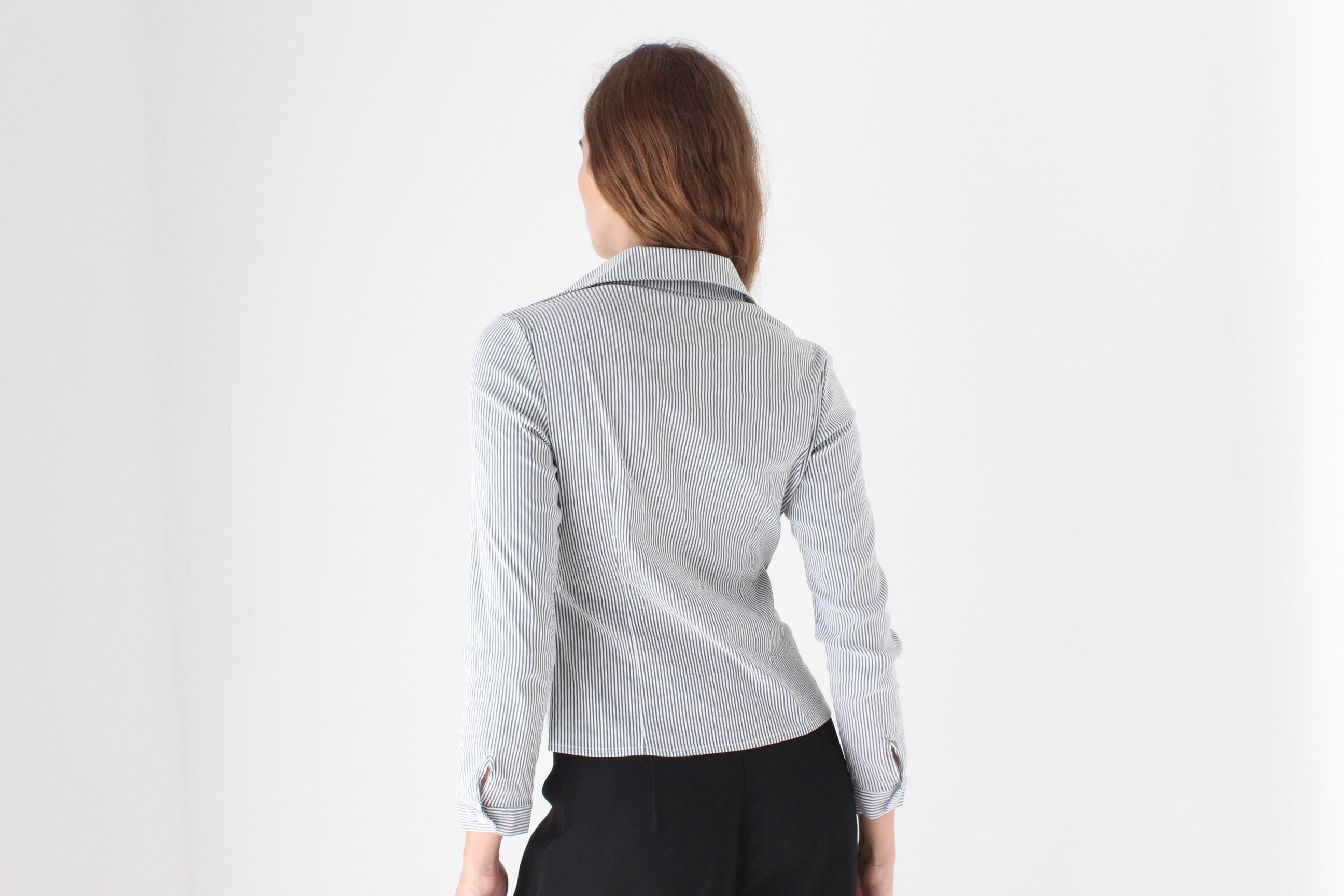 Y2K Grey & White Stripe Sexy Collared Top