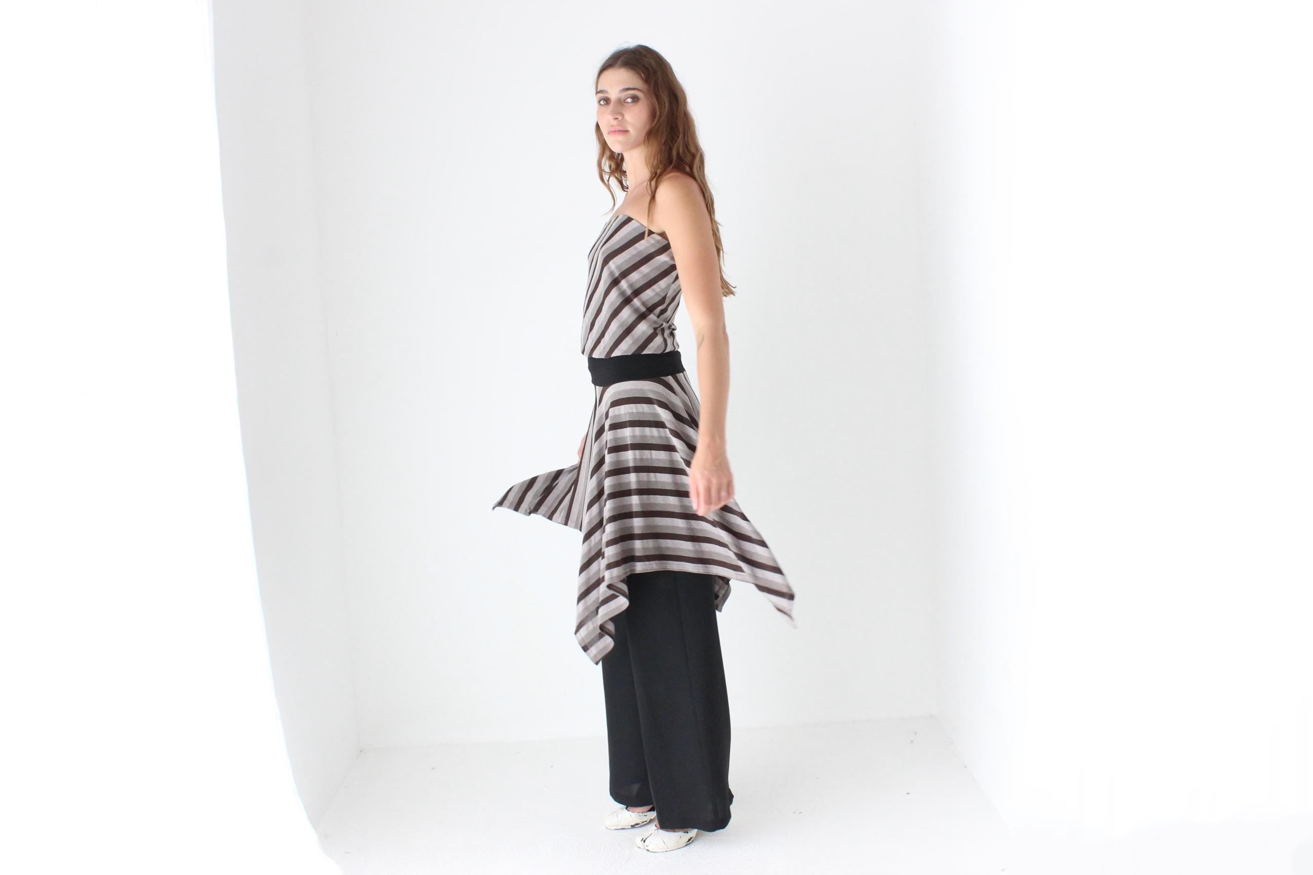 Y2K Grey Tone Striped Jagged Hem Dress