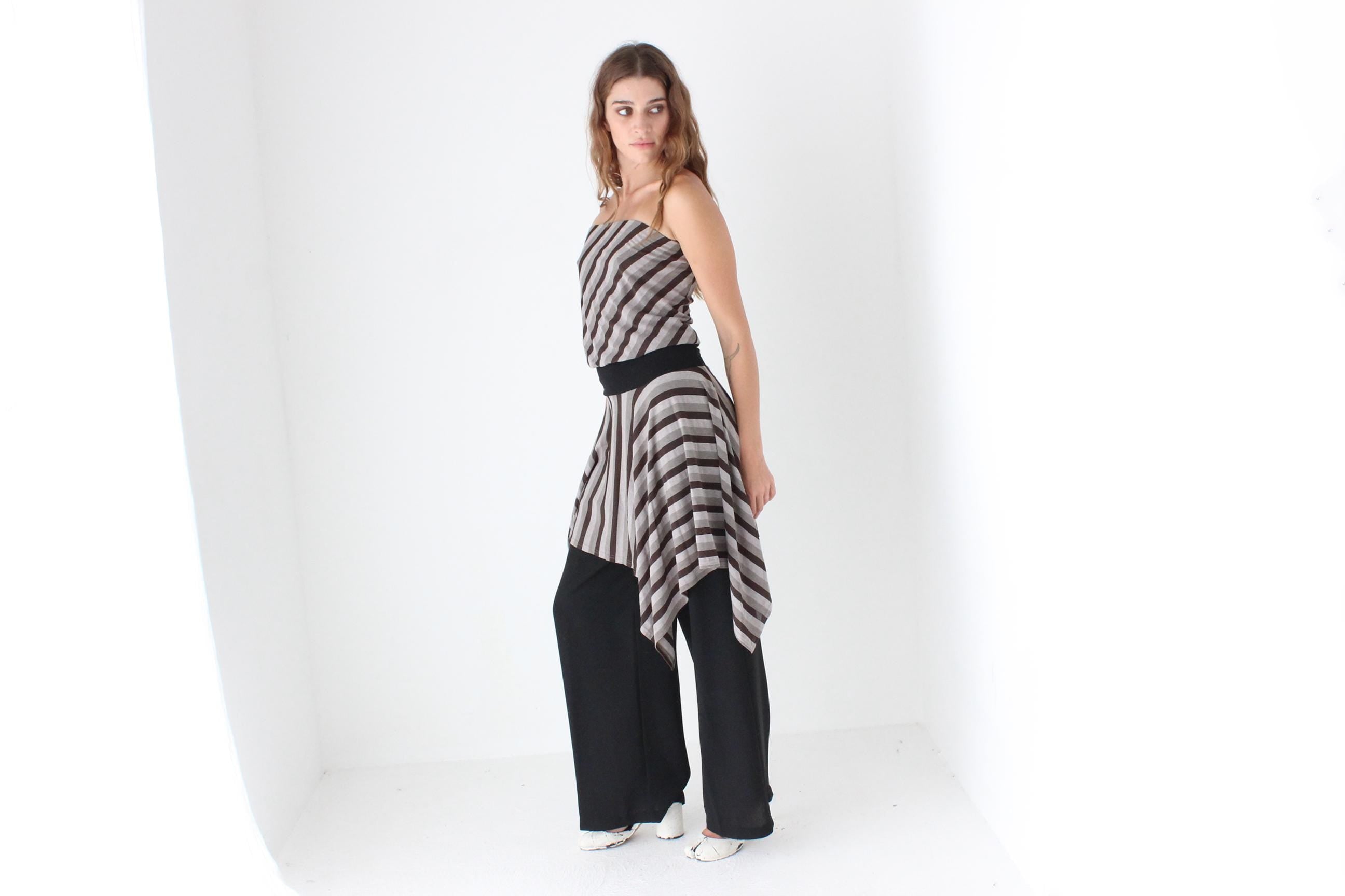 Y2K Grey Tone Striped Jagged Hem Dress
