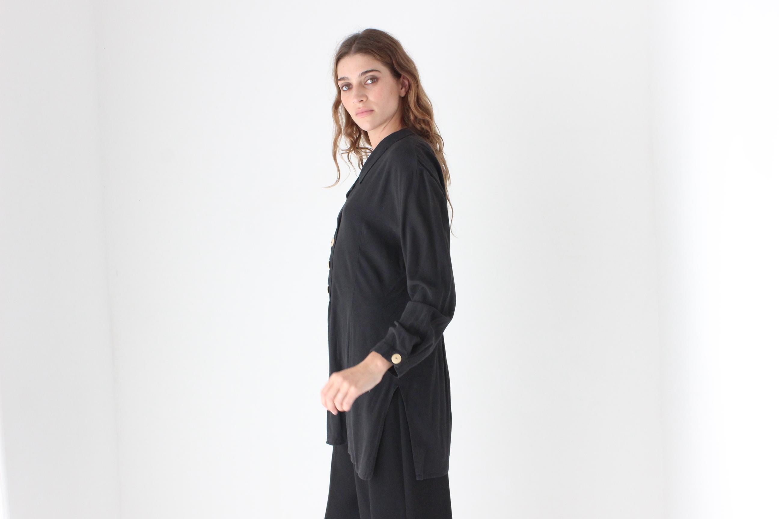 90s Relaxed Silk-Feel Black Shirt