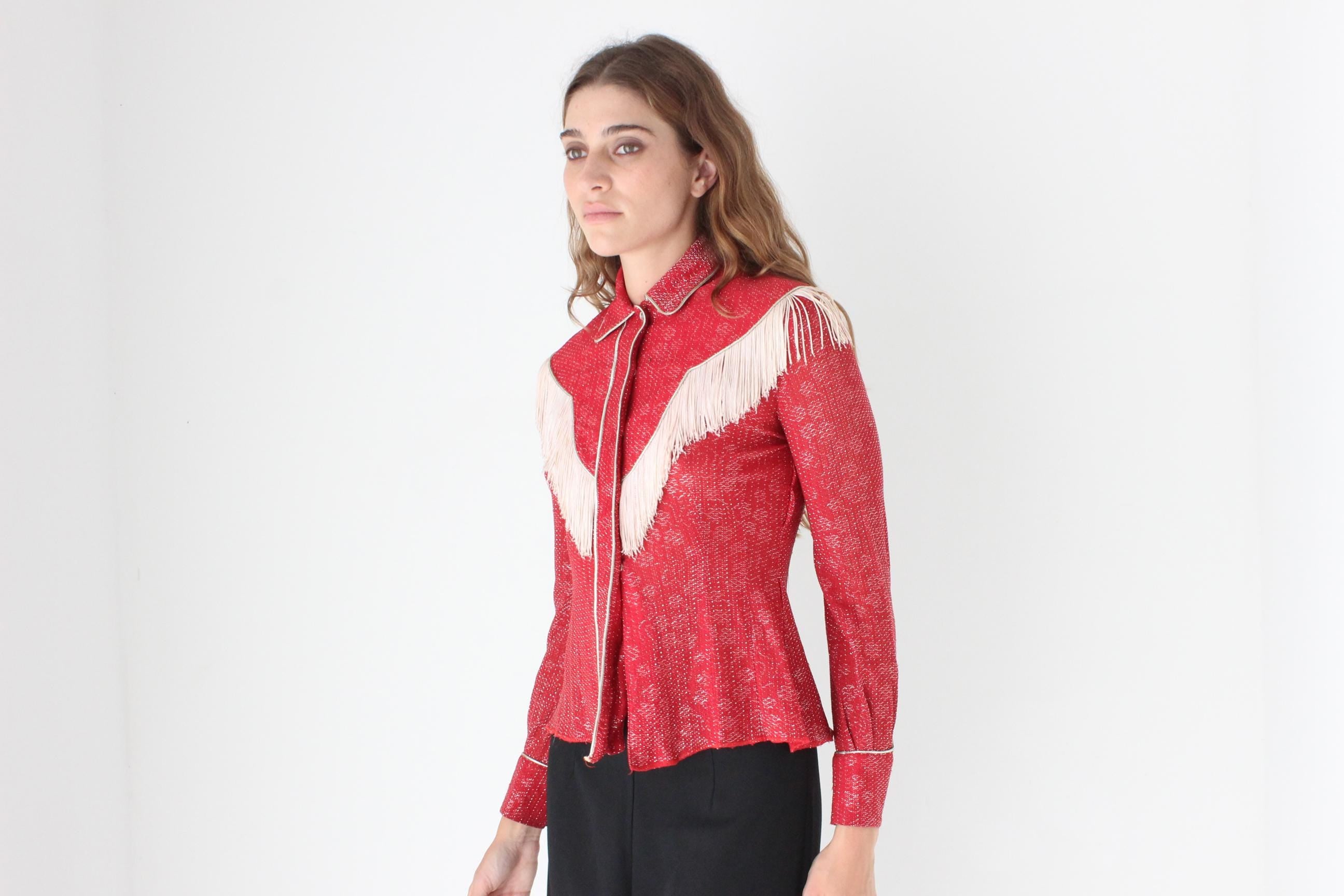 1970s Red Lurex Cowgirl Fringe Top by Ranch Maid Colorado
