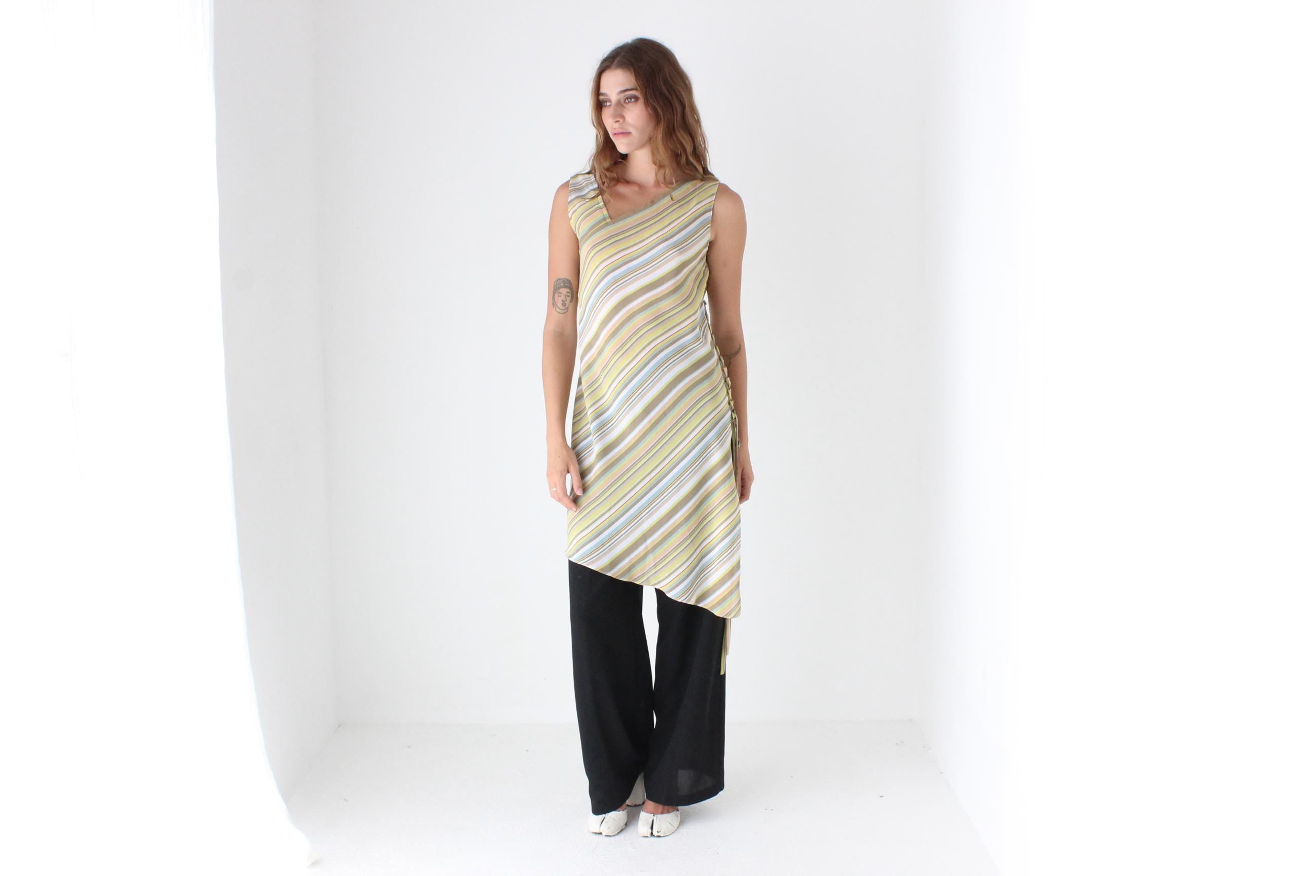 Y2K Pastel Diagonal Striped Asymmetric Dress