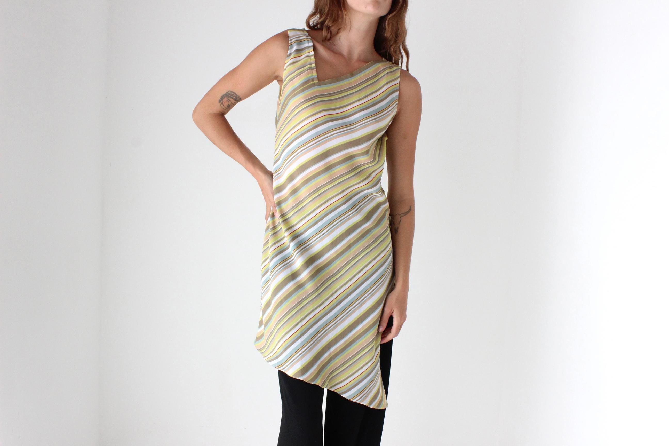 Y2K Pastel Diagonal Striped Asymmetric Dress
