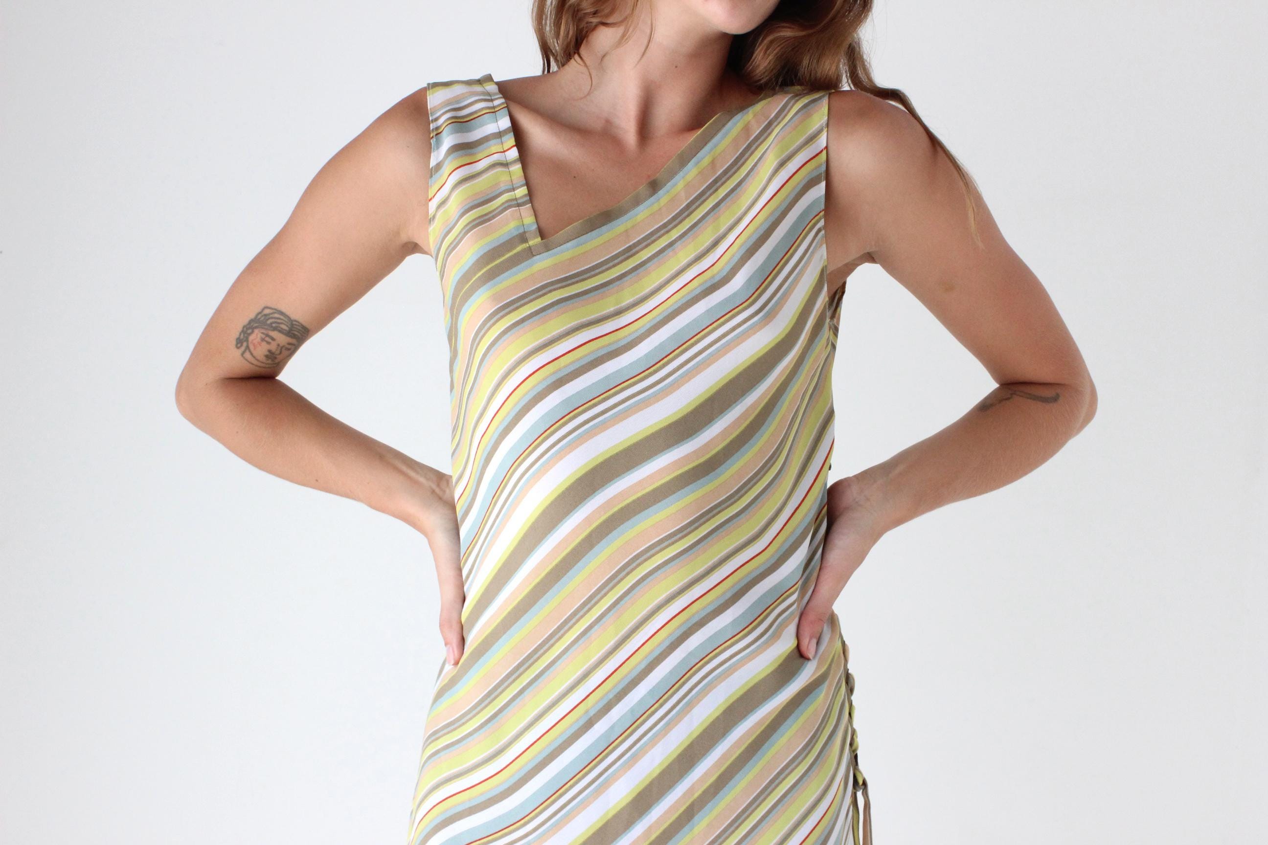 Y2K Pastel Diagonal Striped Asymmetric Dress