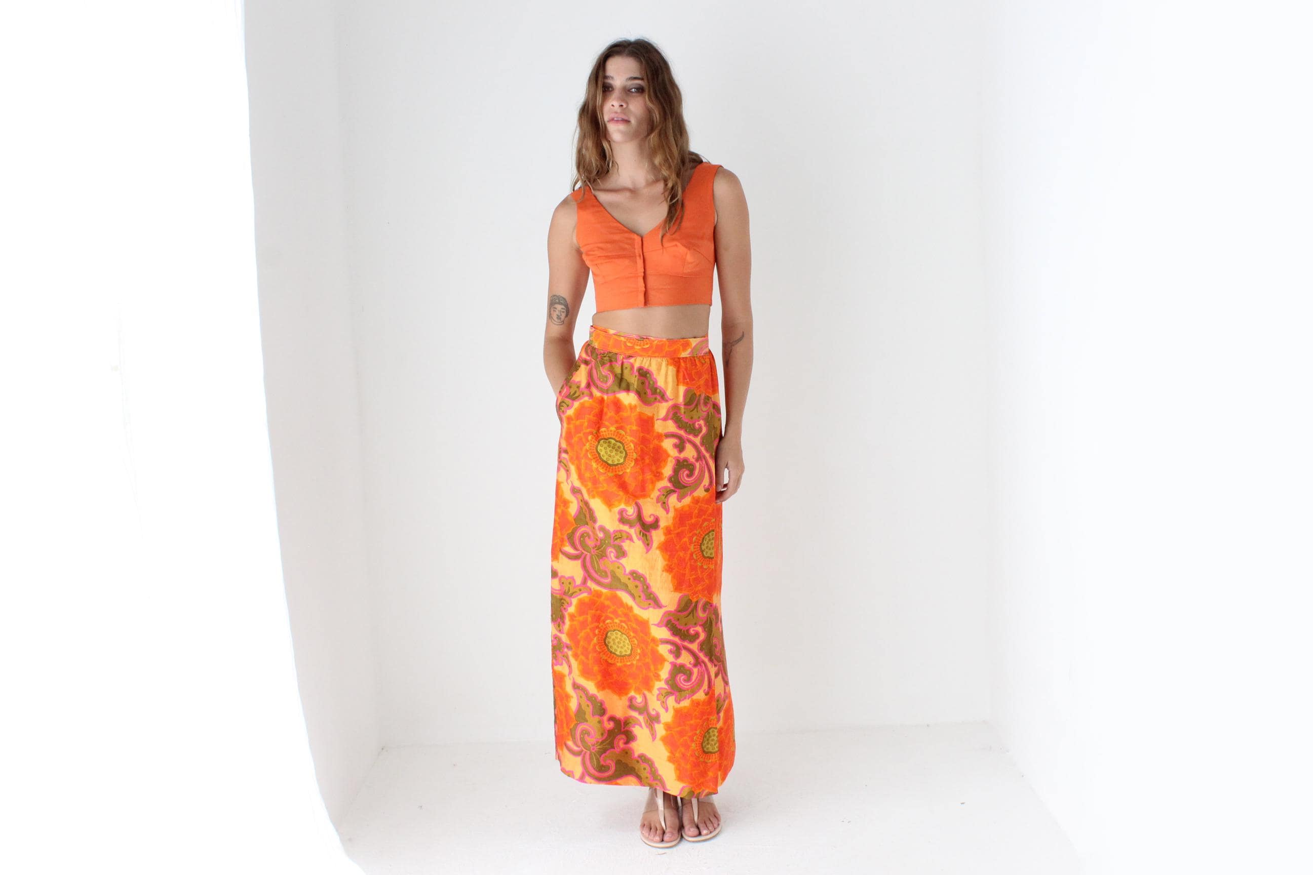 70s Handwoven Thai Silk Psychedelic Column Skirt