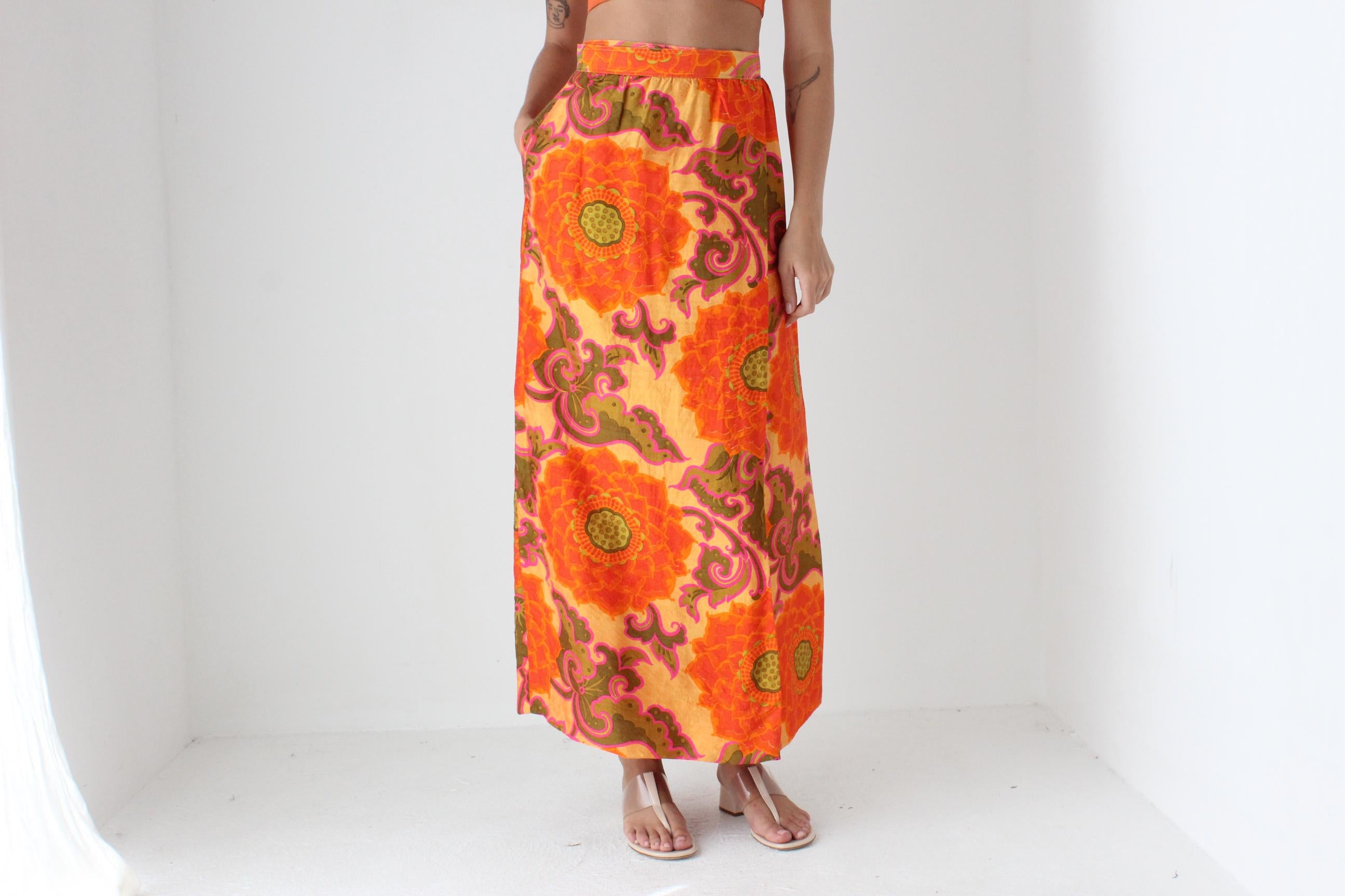 70s Handwoven Thai Silk Psychedelic Column Skirt