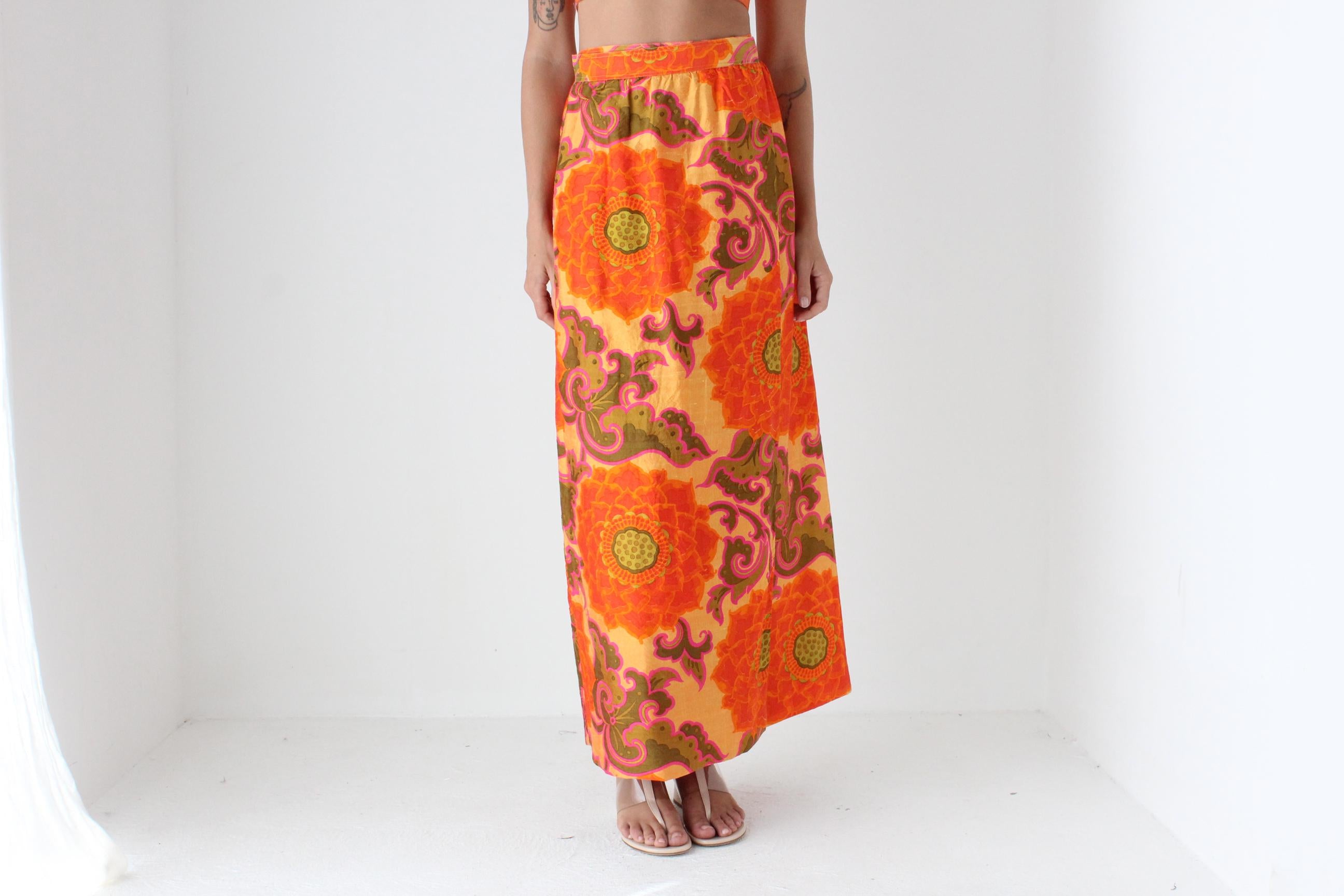 70s Handwoven Thai Silk Psychedelic Column Skirt