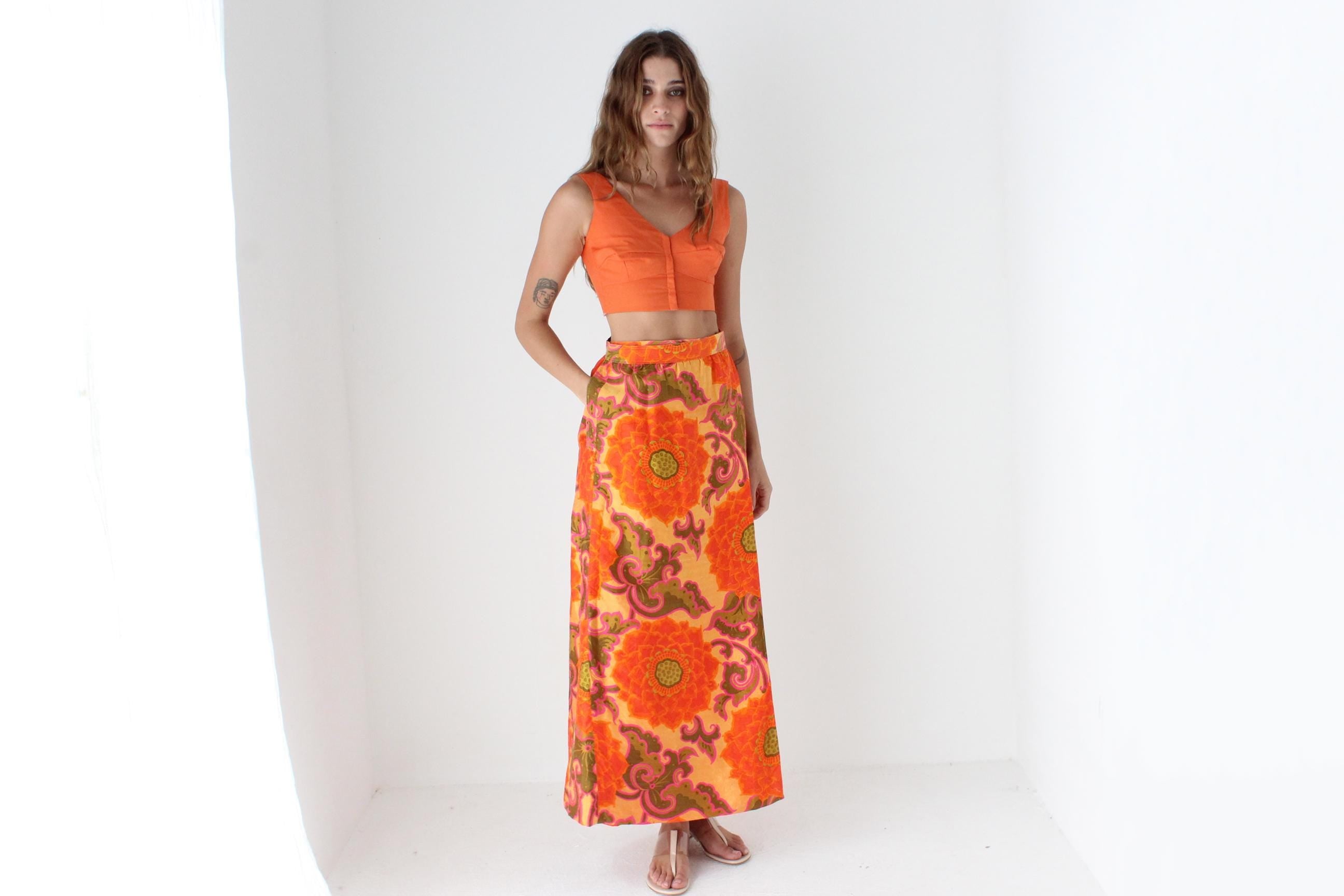 70s Handwoven Thai Silk Psychedelic Column Skirt