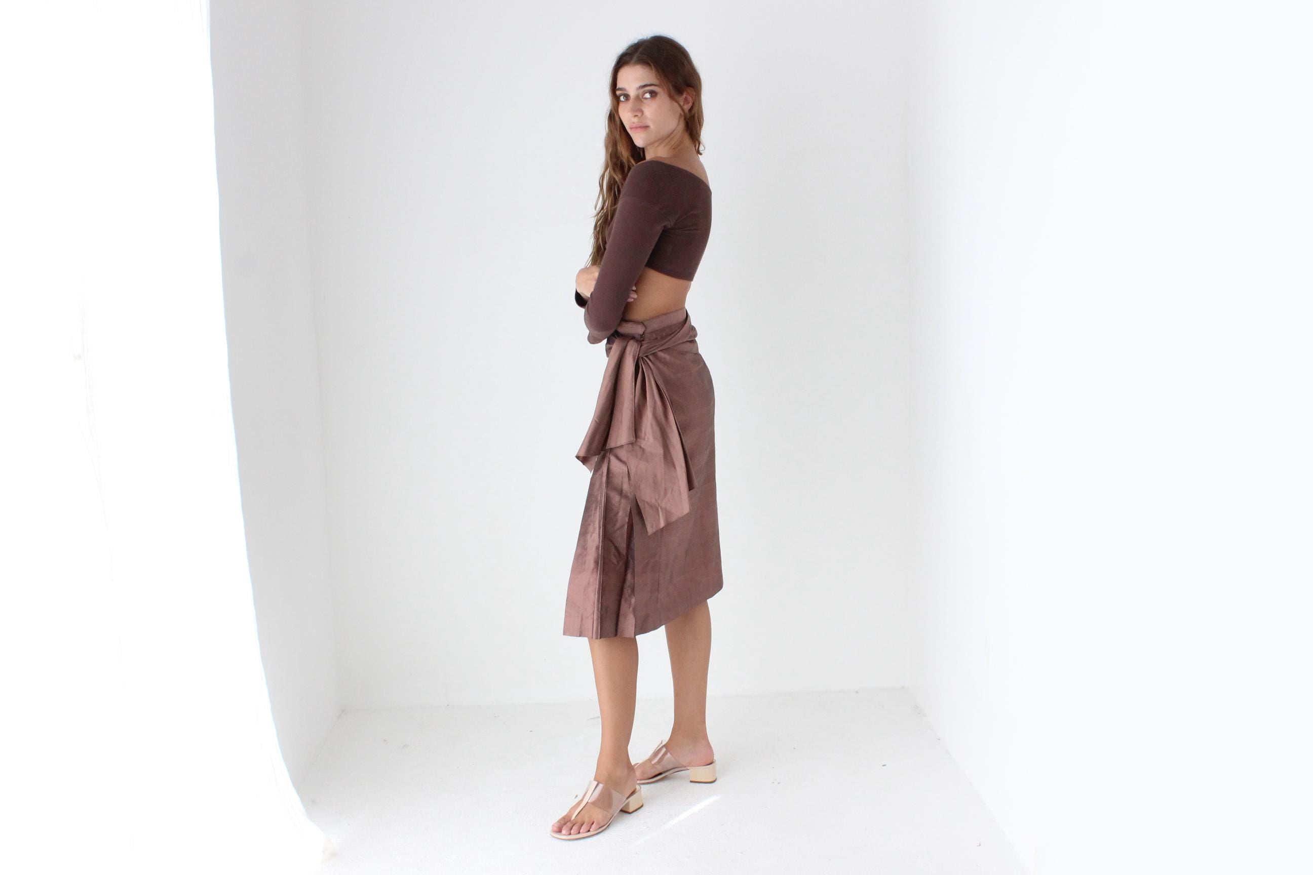 Interesting 80s Silk Taffeta Kilt Skirt w/ Sash Tie