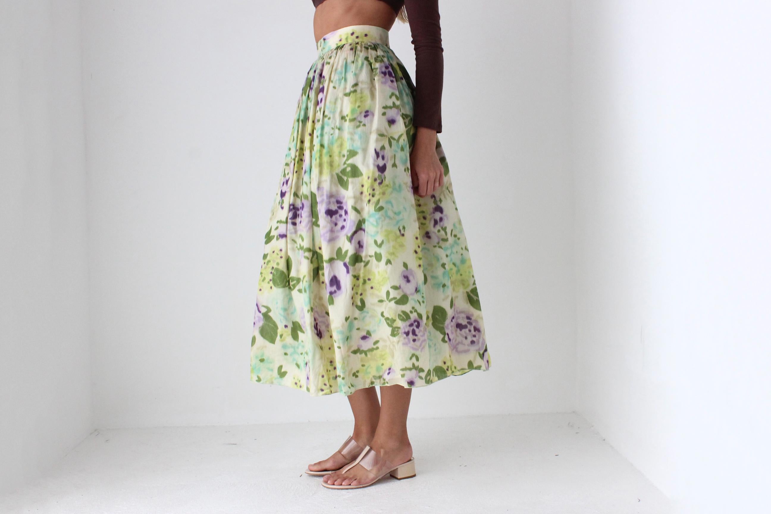 80s Pure Silk Watercolour Floral Skirt