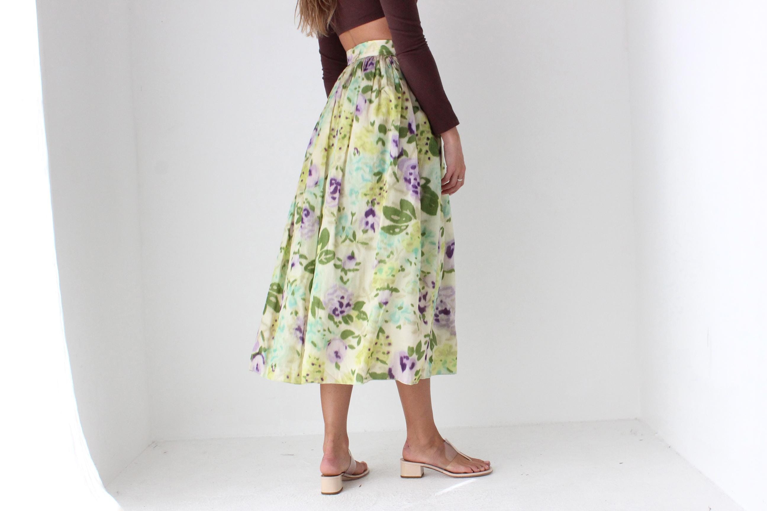 80s Pure Silk Watercolour Floral Skirt