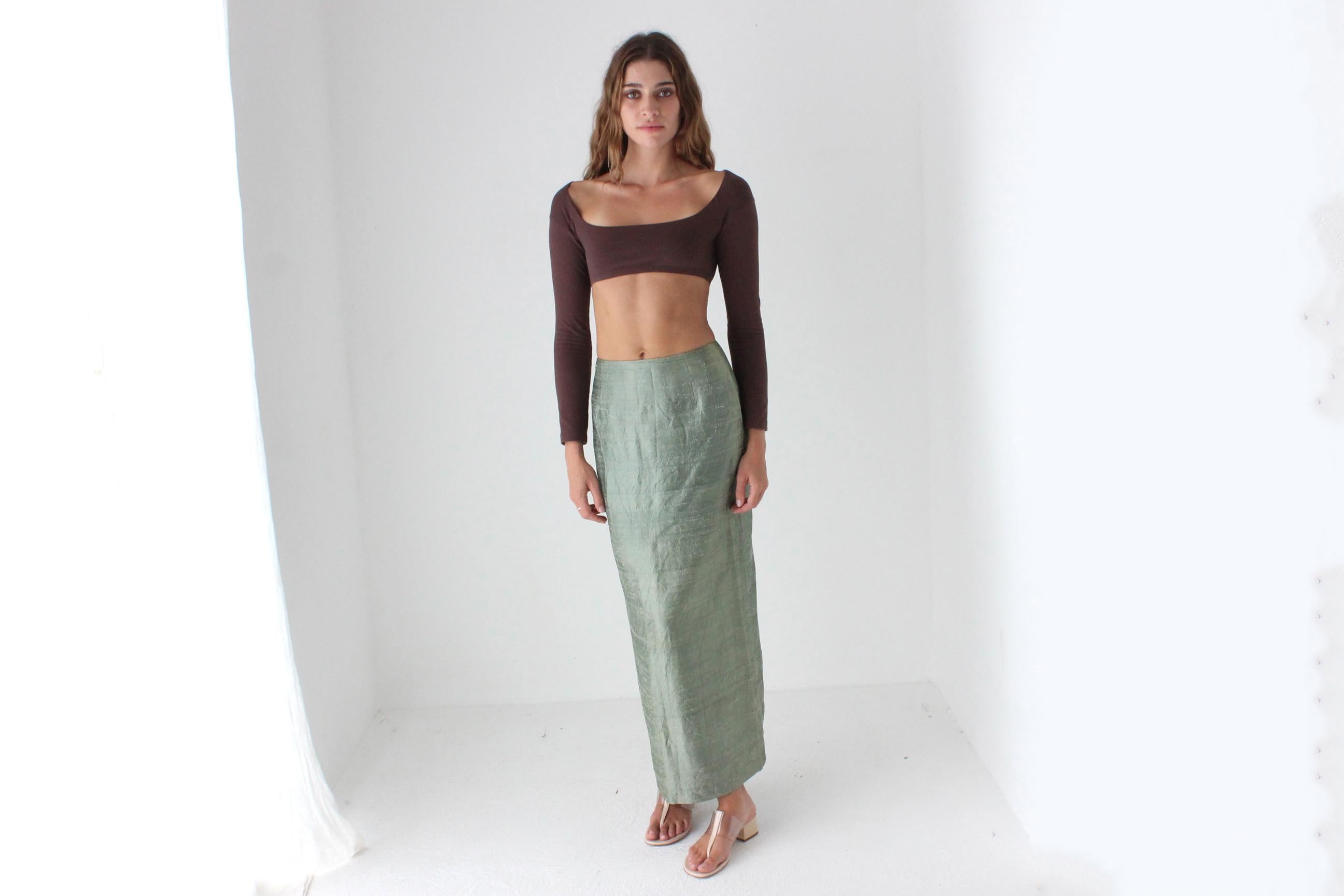 80s Moss Green Raw Silk Column Skirt
