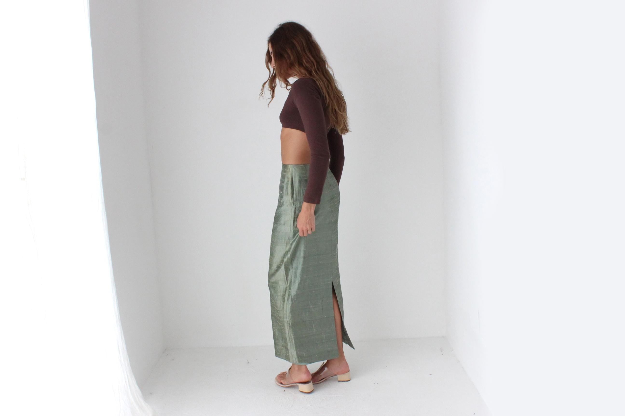 80s Moss Green Raw Silk Column Skirt