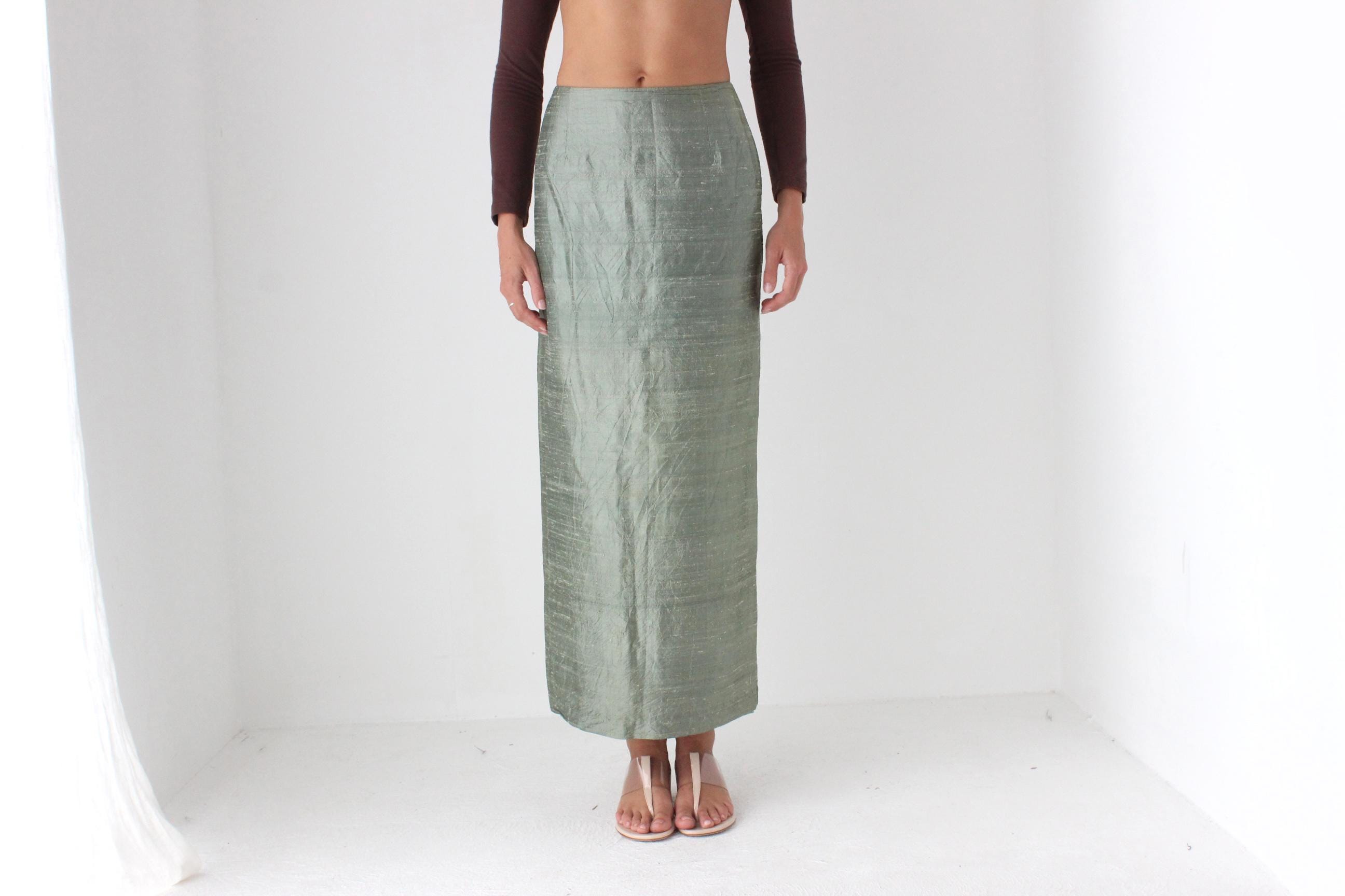 80s Moss Green Raw Silk Column Skirt