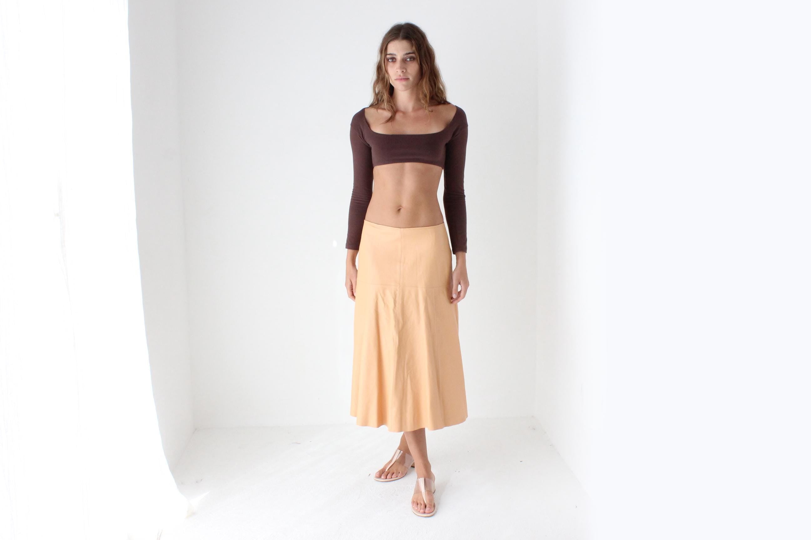 Pastel Peach Genuine Leather Midi Skirt