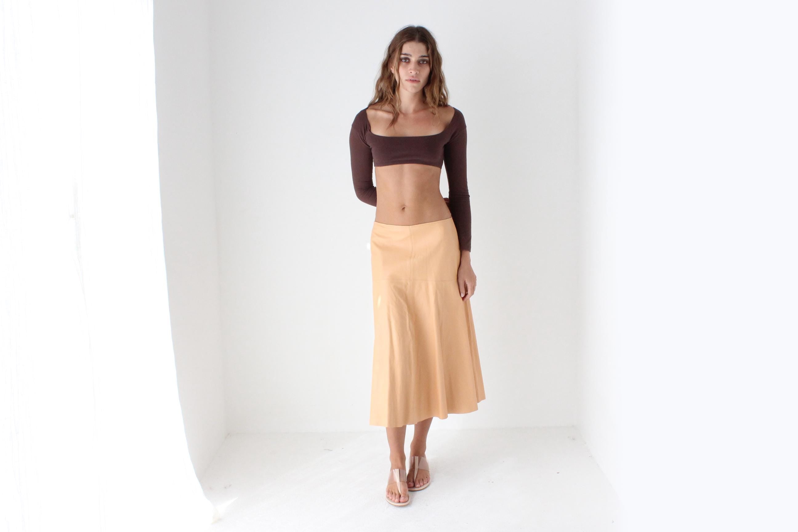 Pastel Peach Genuine Leather Midi Skirt