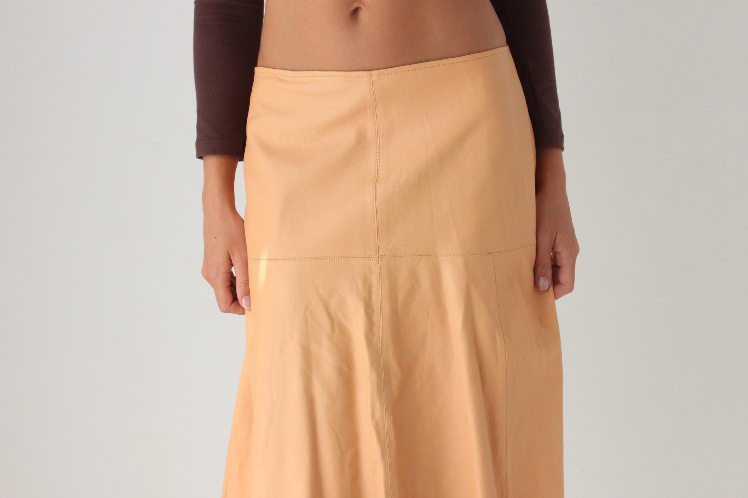 Pastel Peach Genuine Leather Midi Skirt