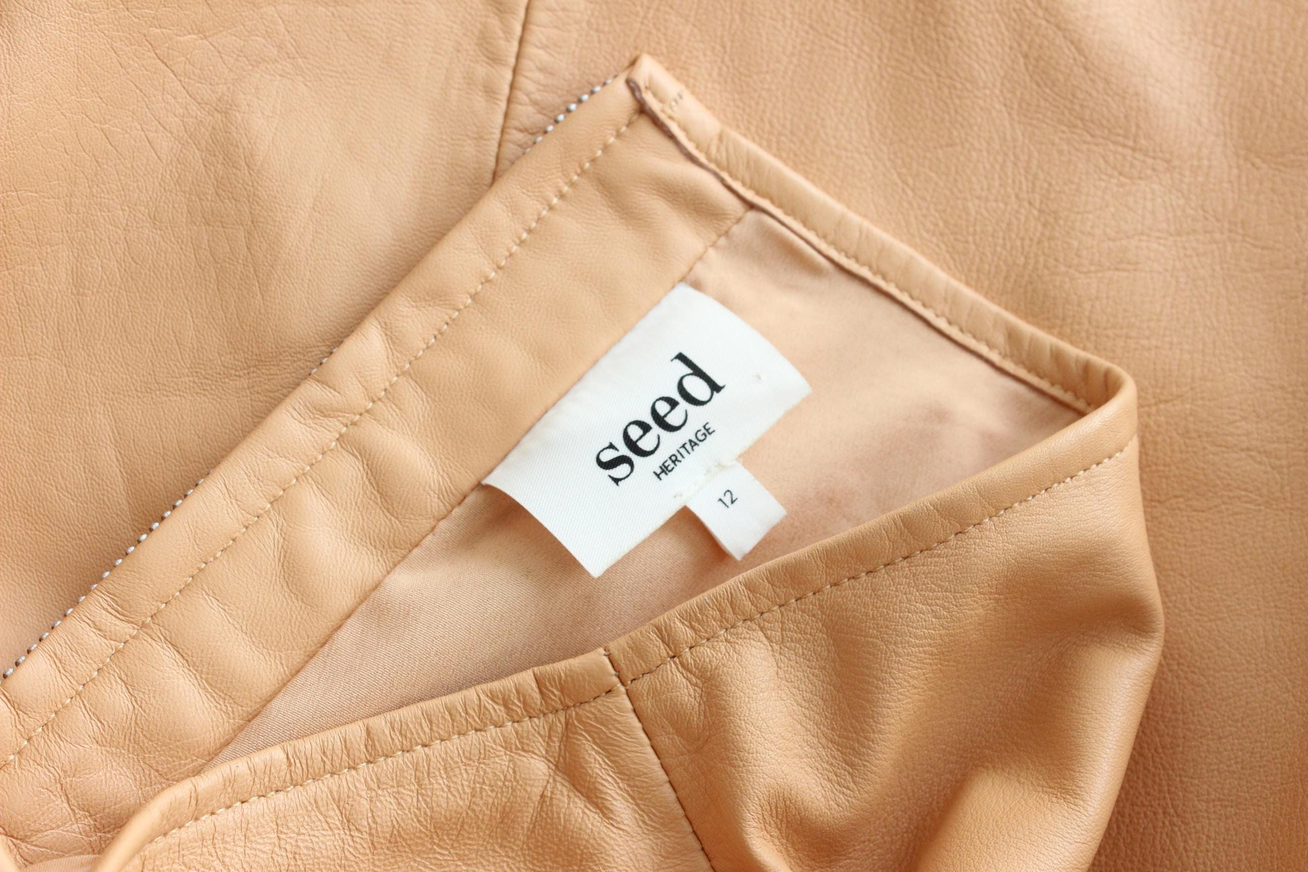 Pastel Peach Genuine Leather Midi Skirt
