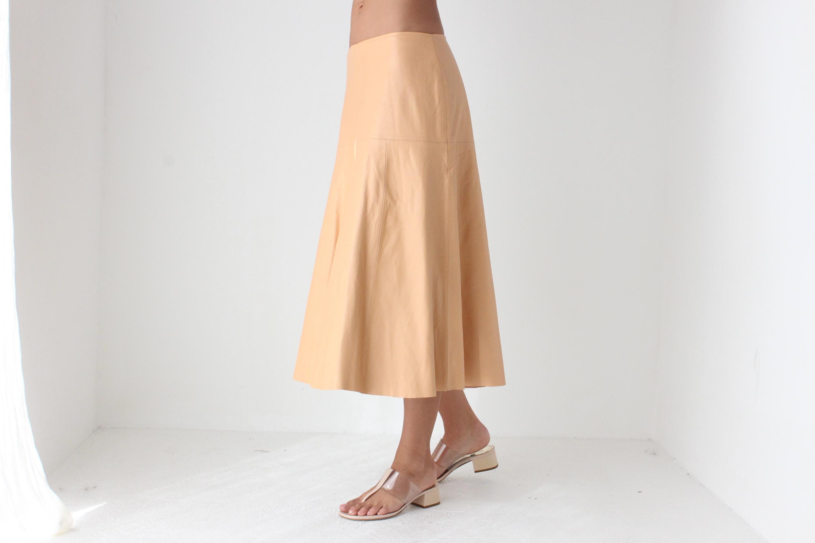 Pastel Peach Genuine Leather Midi Skirt