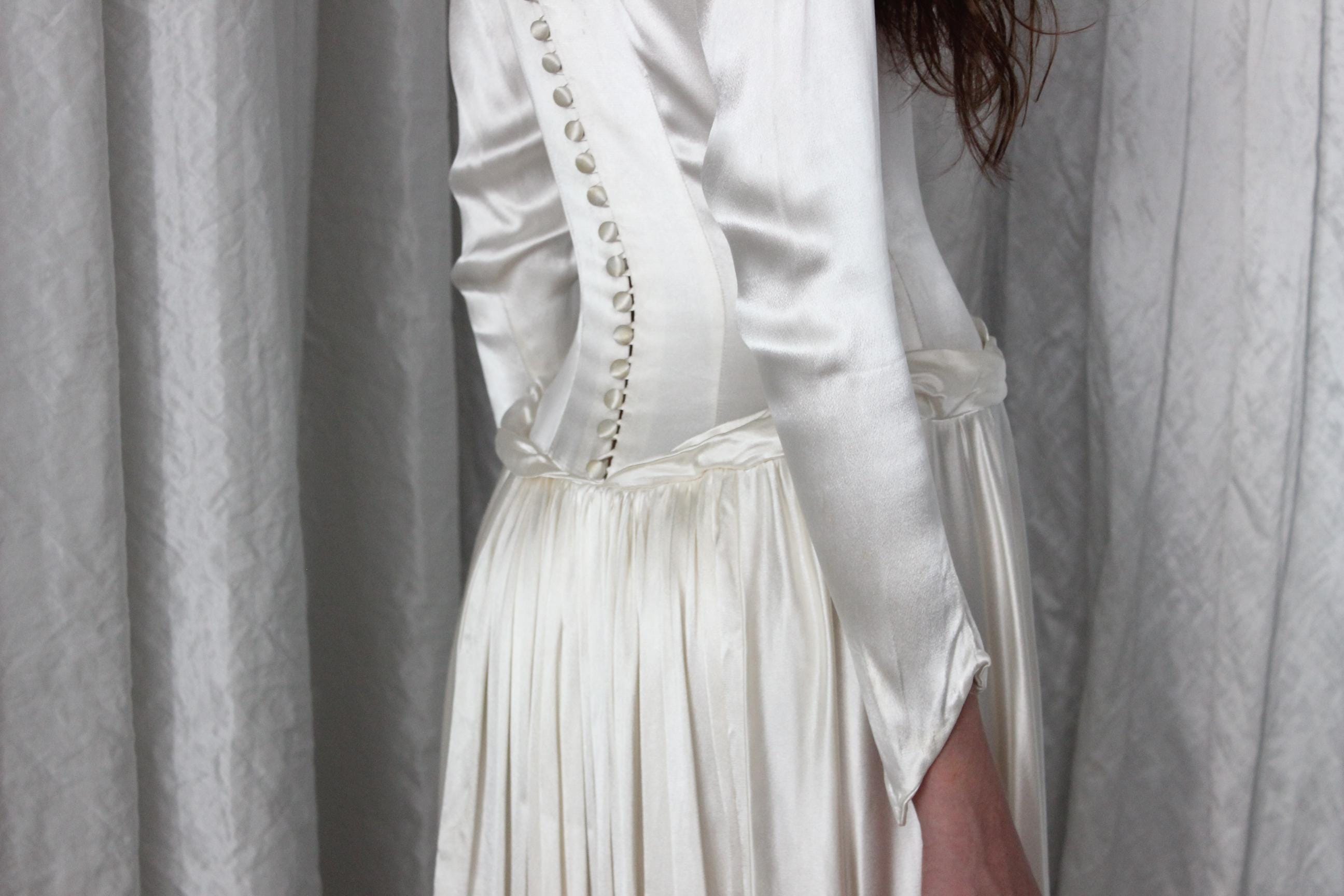 1949 Liquid Silk Satin Drop Waist Long Sleeve Vintage Wedding Gown