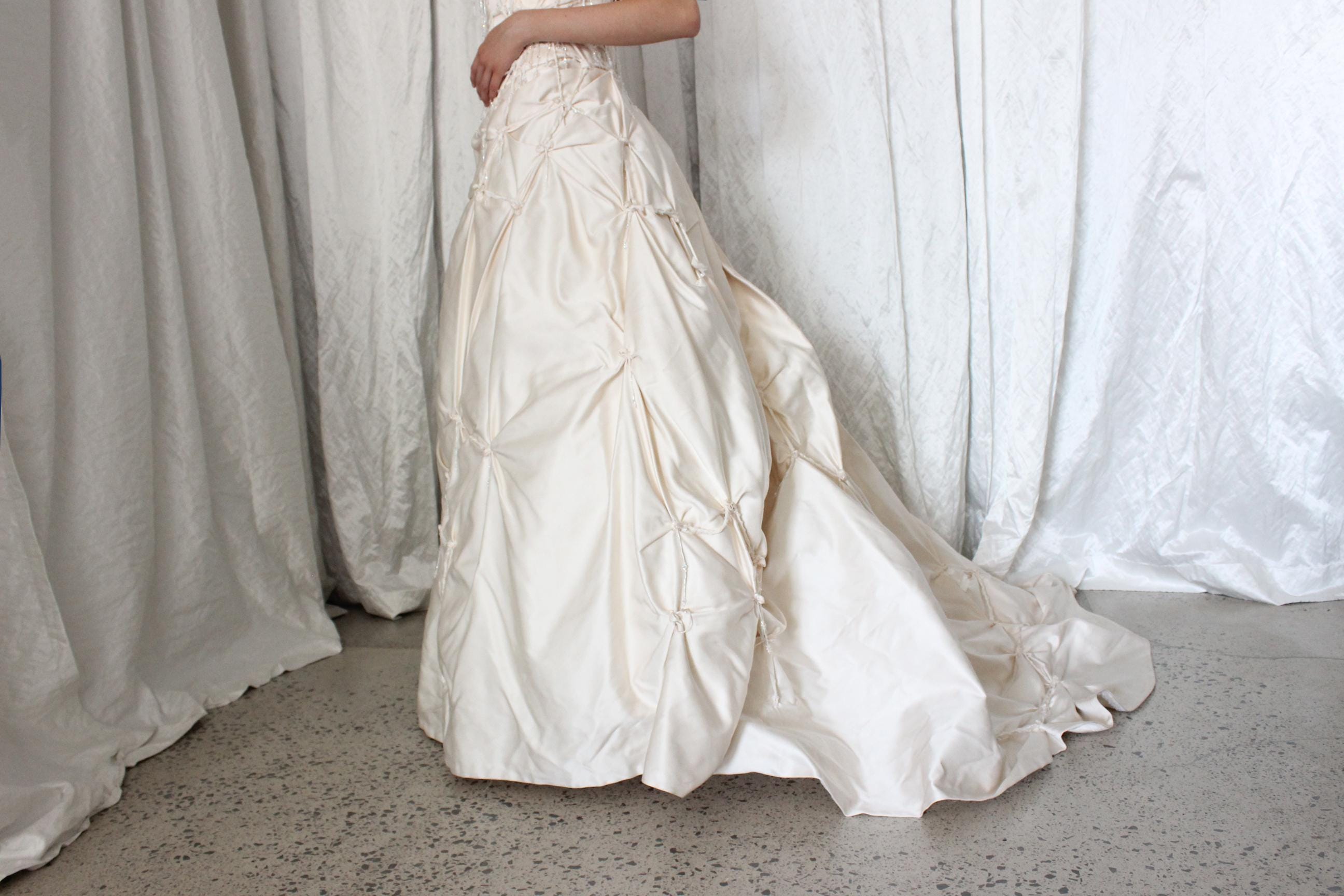 Wild 2000s Duchess Silk Asymmetric Textural Wedding Gown w/ Knots & Beading