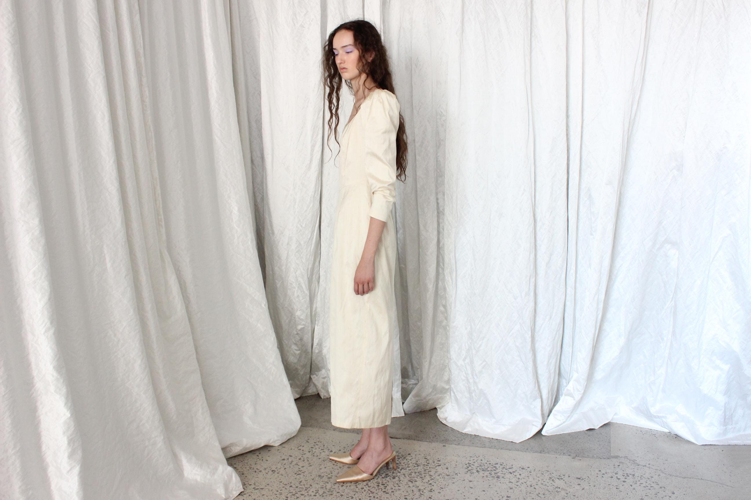 90s Raw Silk Long Sleeve Column Wedding Gown